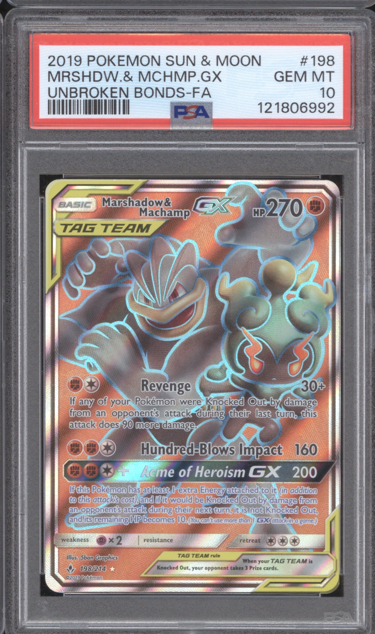 2019 Pokemon Unbroken Bonds Marshadow & Machamp 198/214 Full Art PSA 10