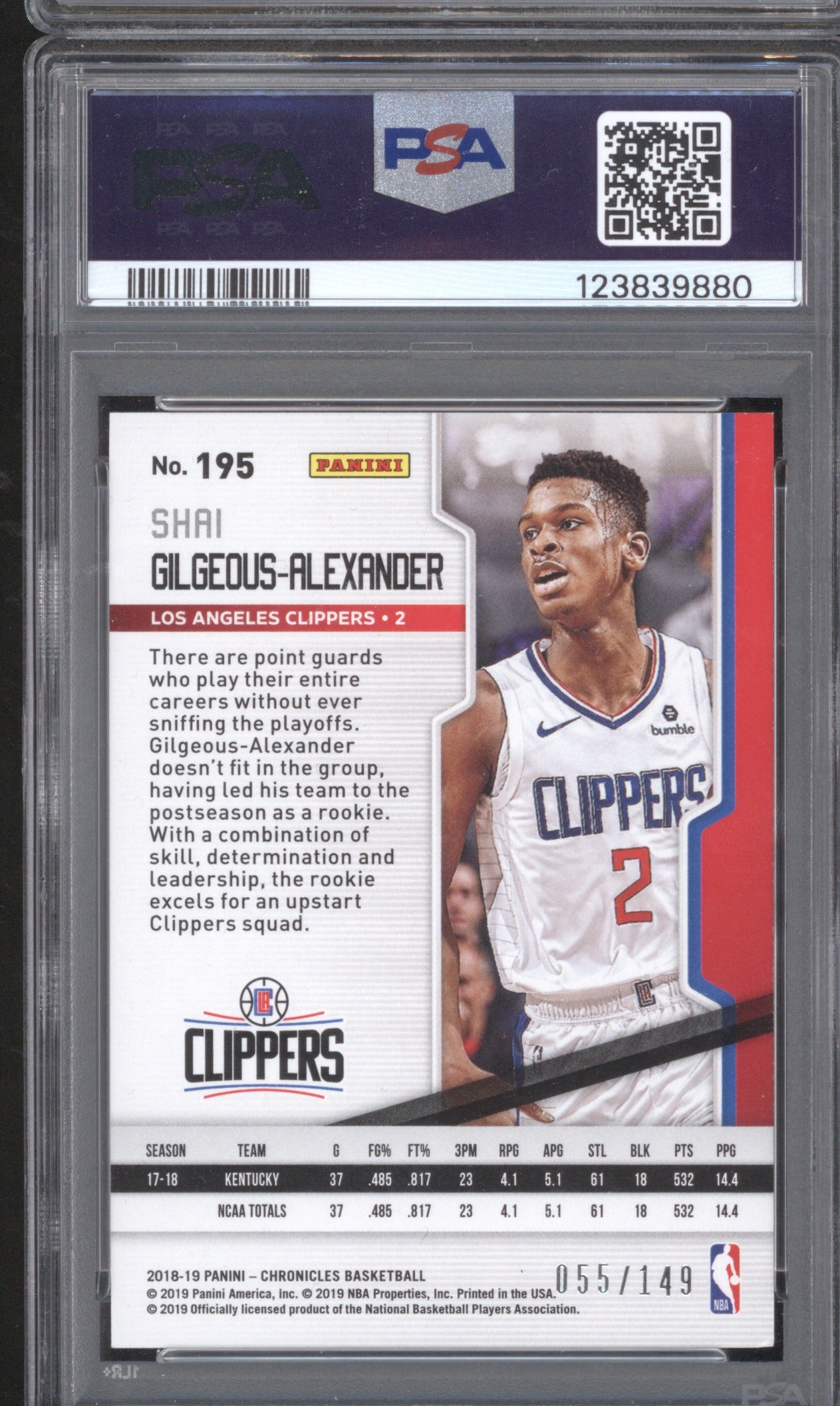 Shai Gilgeous-Alexander 2018 Panini Chronicles 195 Red RC /149 PSA 8