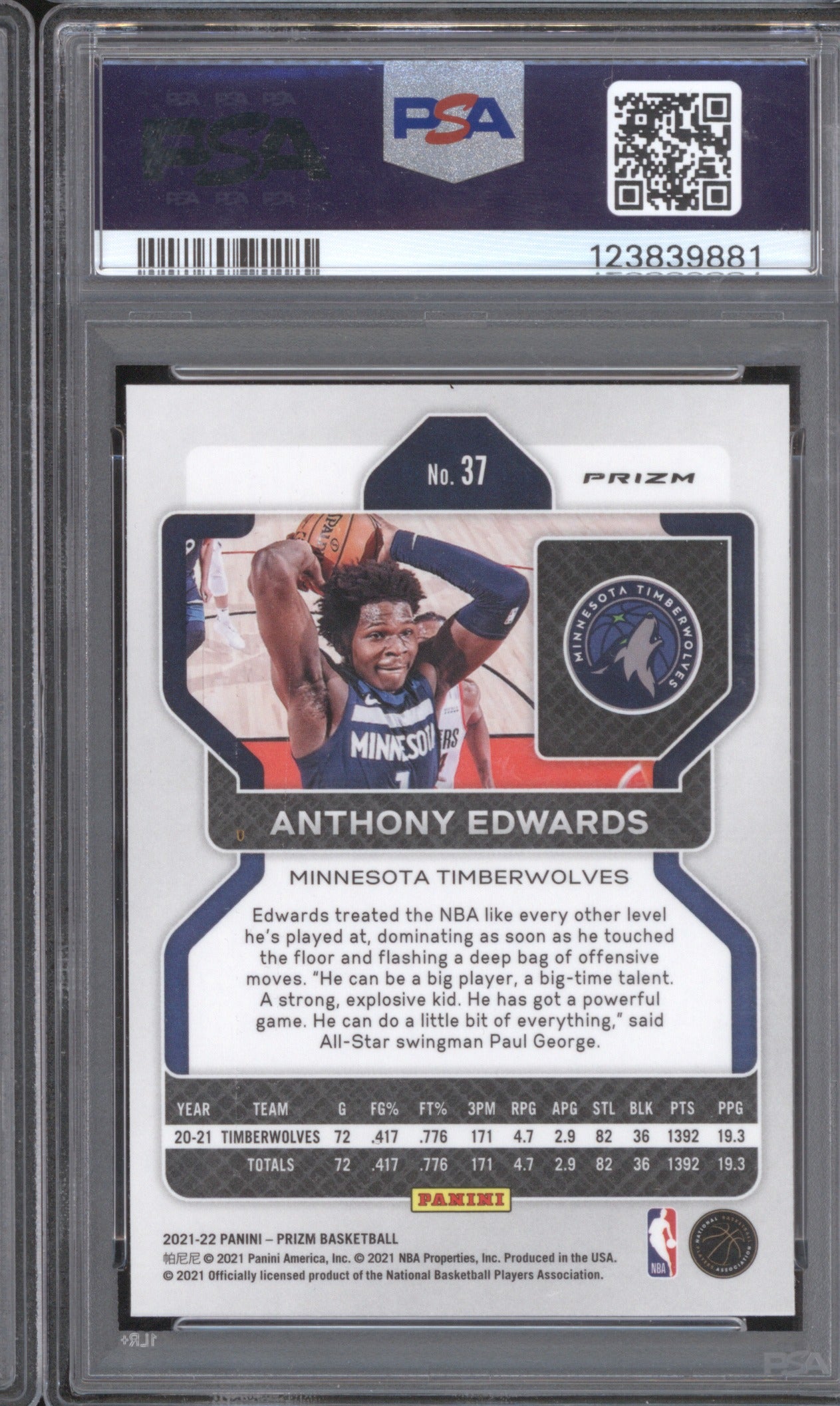 Anthony Edwards 2021 Panini Prizm 37 PSA 10 NBA 75th Prizm PSA 10
