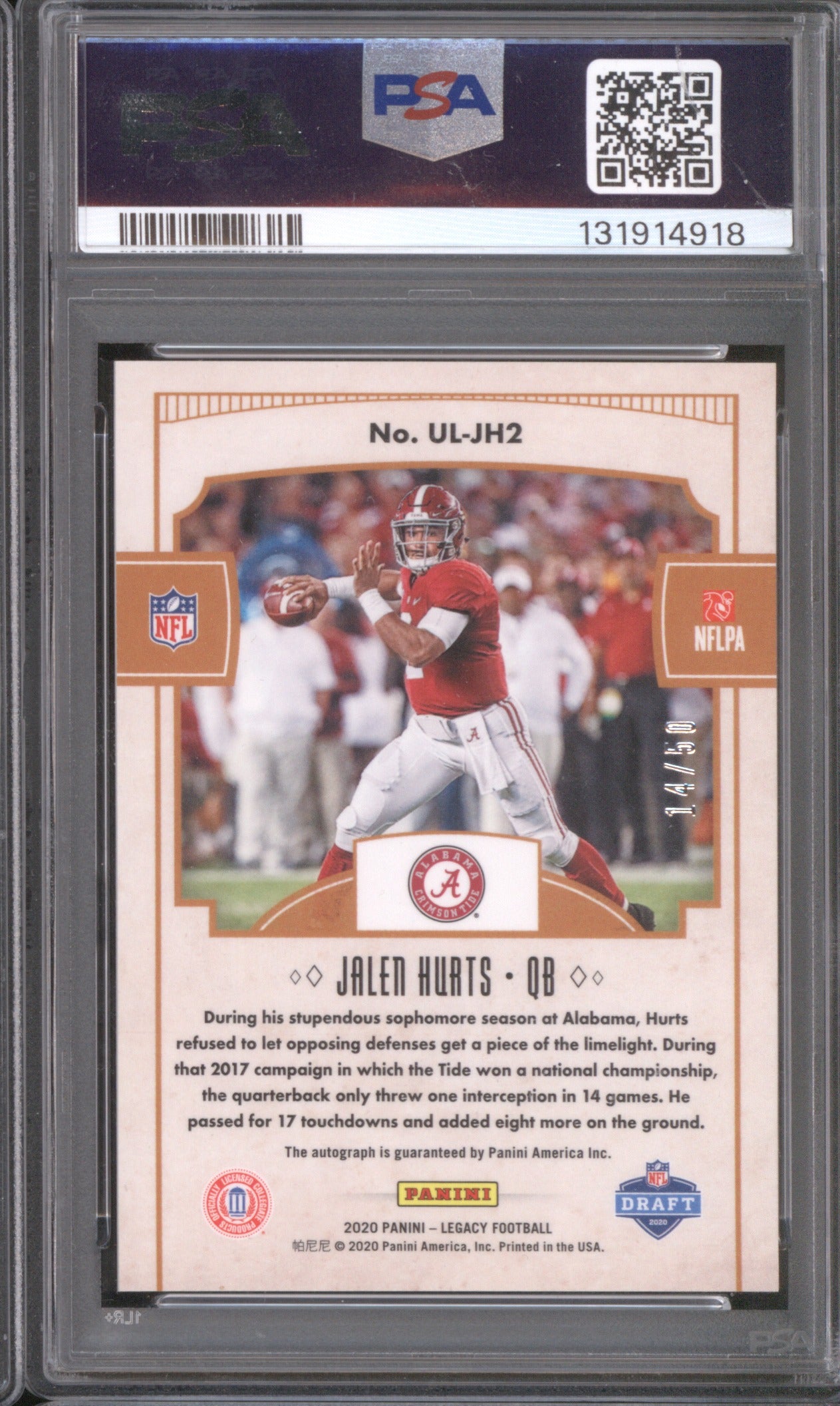 Jalen Hurts 2020 Panini Legacy #ULJH2 Under the Lights PSA 8 Bronze
