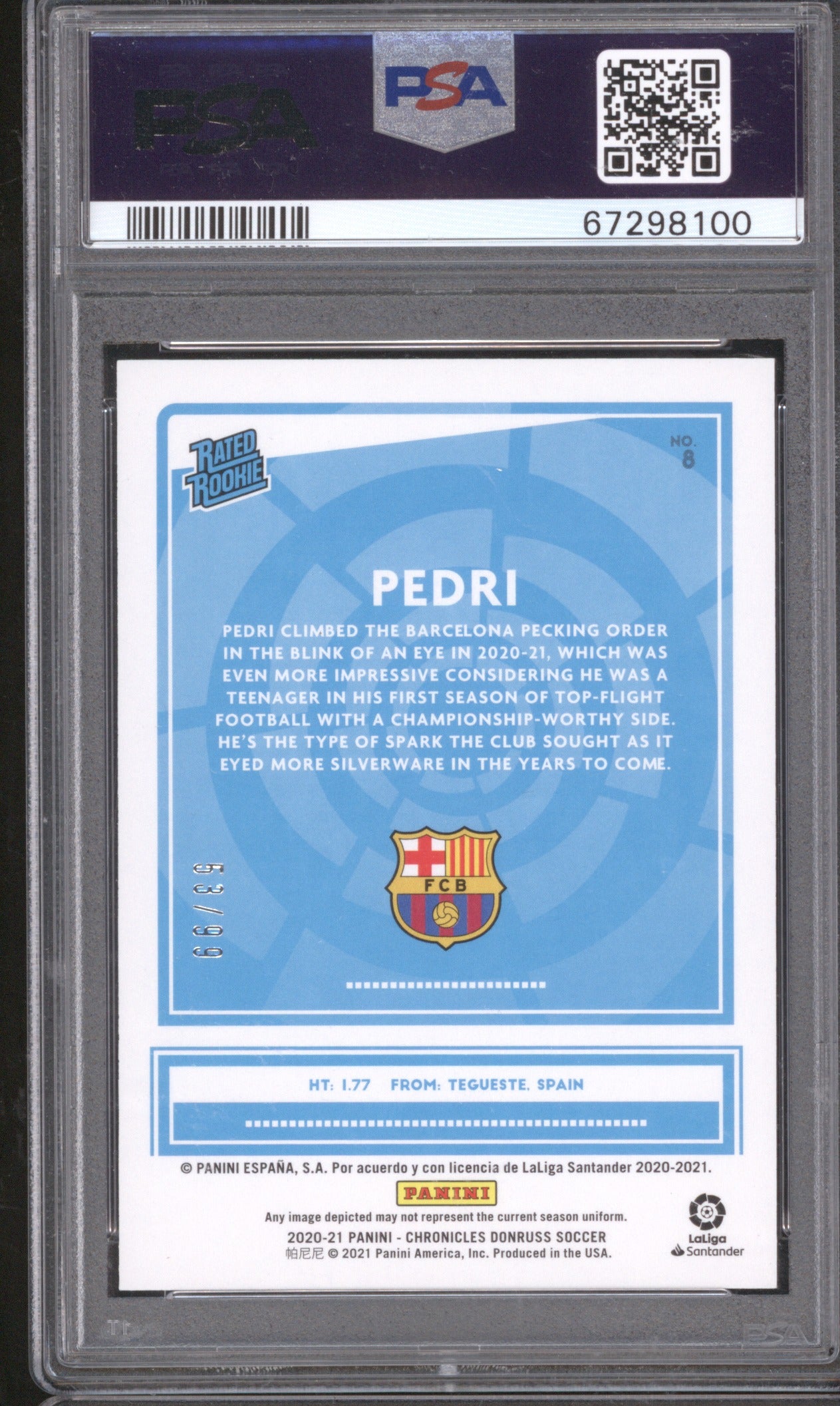 Pedri 2020 Panini Chronicles #8 Rated Rookie PSA 10 Press Proof Blue