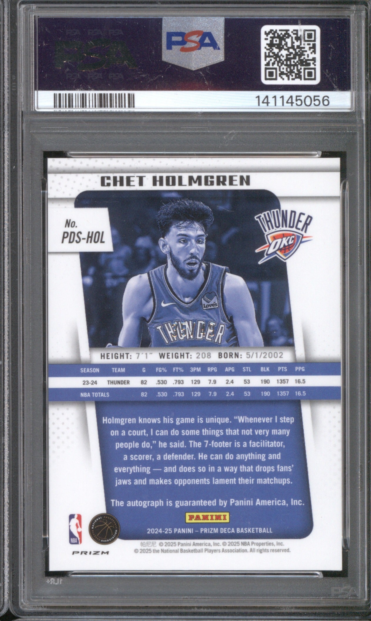 2024 Panini Prizm DECA Chet Holmgren Signature Auto Purple Prizm PSA 9 35/49