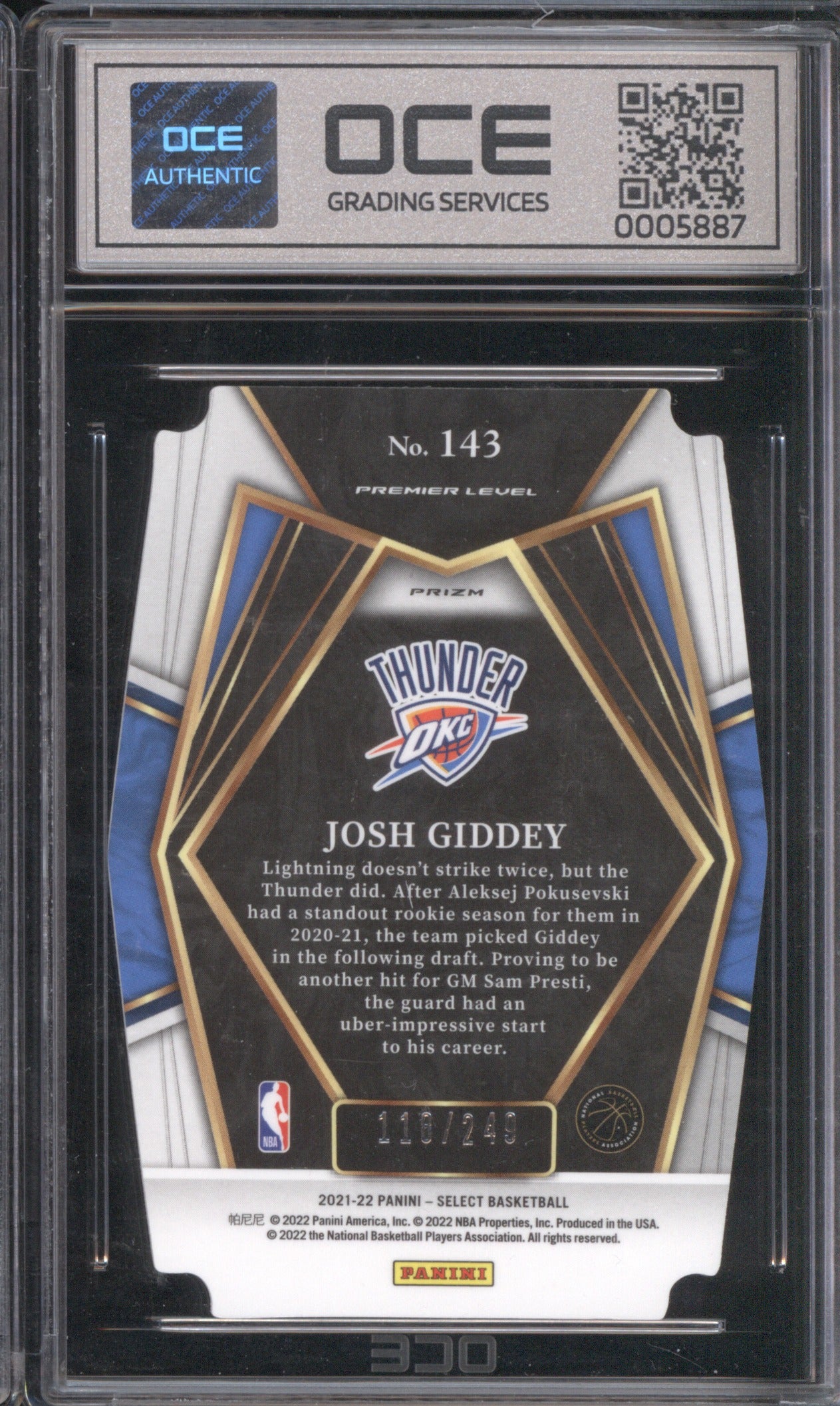 2021 Panini Select Josh Giddey 143 Blue Die-Cut RC 110/249 OCE 9