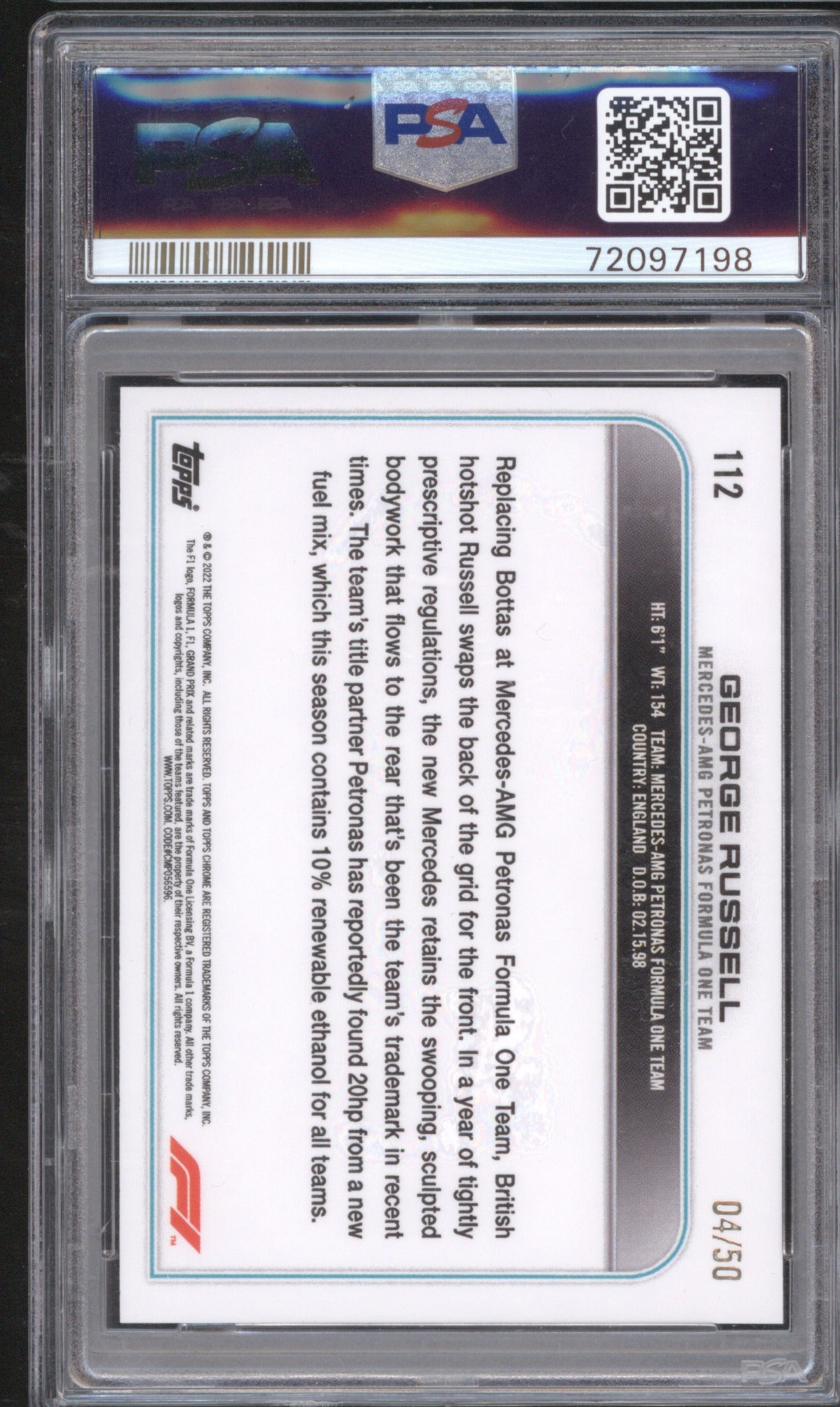 2022 Topps Chrome F1 George Russell 112 Gold Checker Flag Refractor 04/50 PSA 9