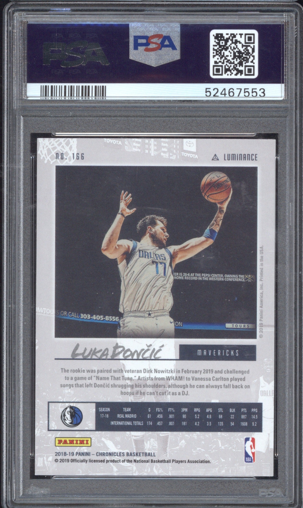 Luka Doncic 2018-19 Panini Chronicles 166 Luminance PSA 9