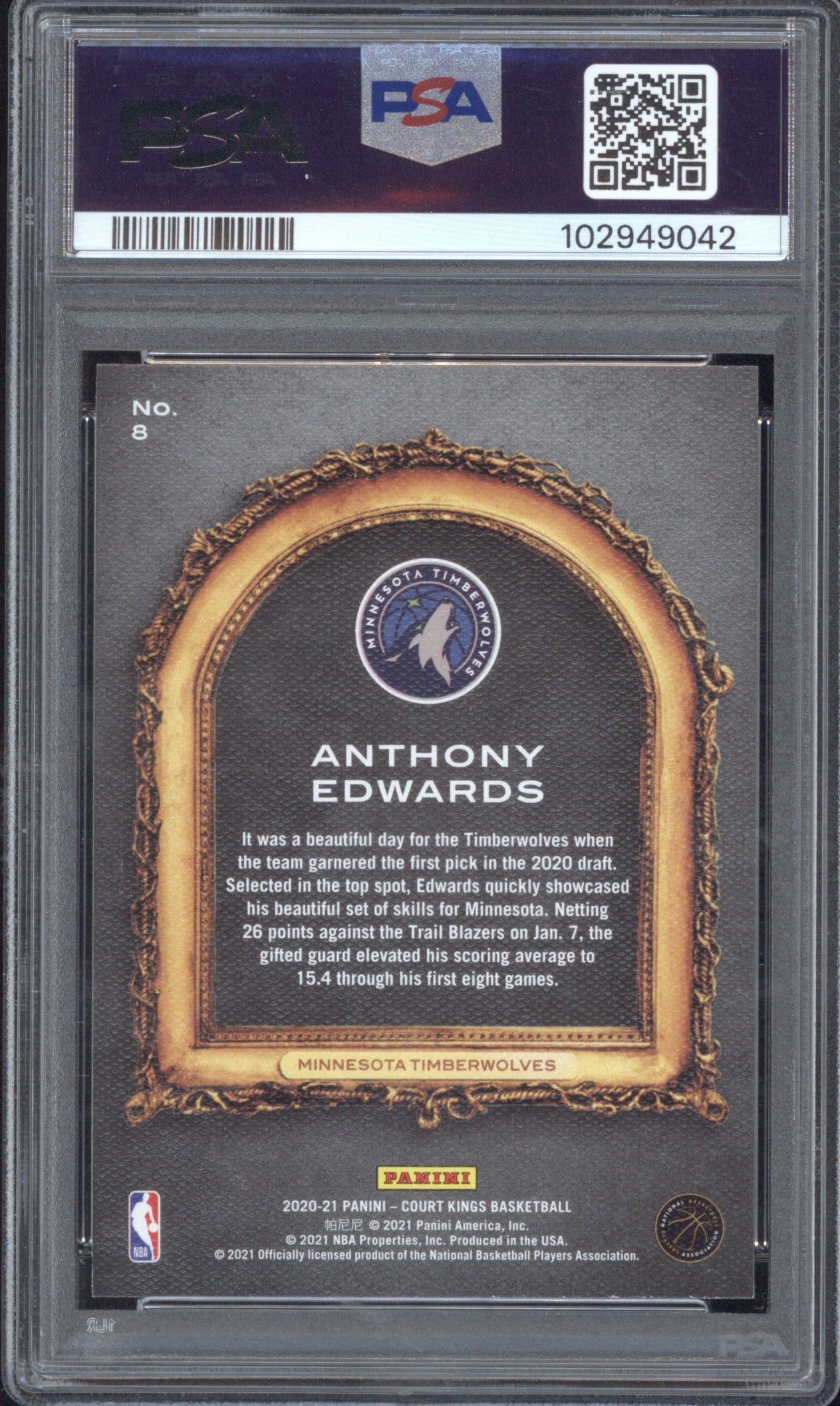 Anthony Edwards 2020 Panini Court Kings 8 Le Cinque Piu Belle PSA 8