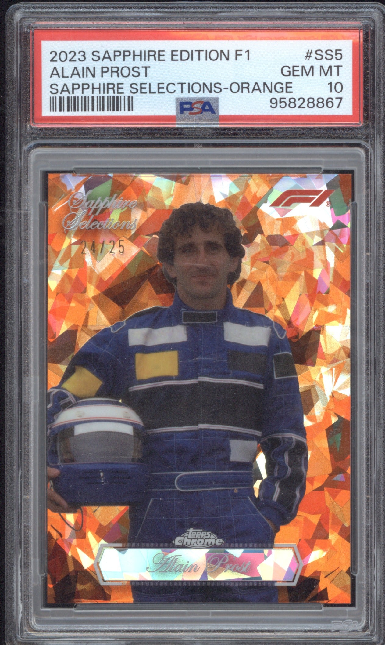 Alain Prost 2023 Topps Chrome Sapphire Formula 1 Selections Orange /25 PSA 10