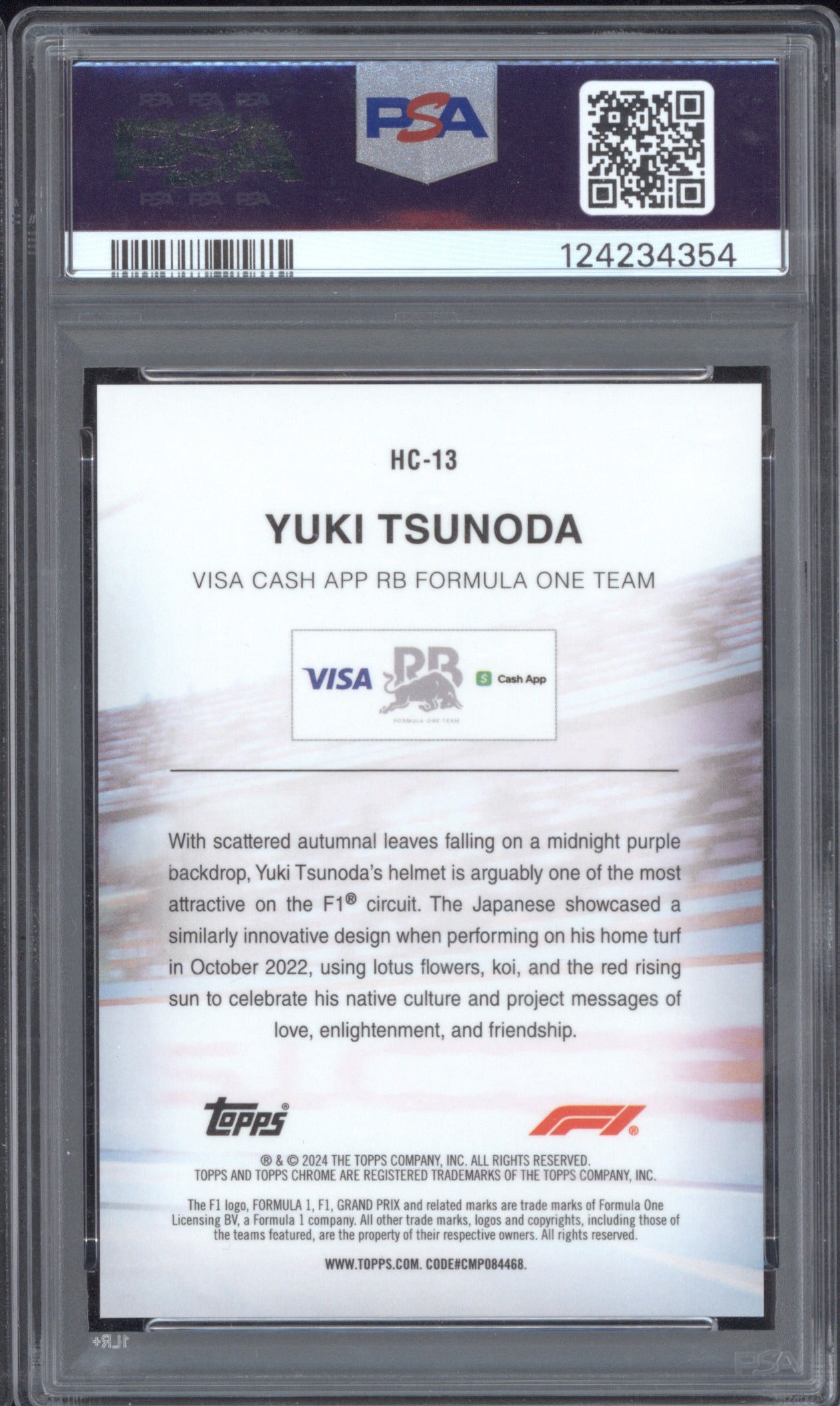 Yuki Tsunoda 2024 Topps Chrome Formula 1 HC13 Helmet Collection Black /10 PSA 9