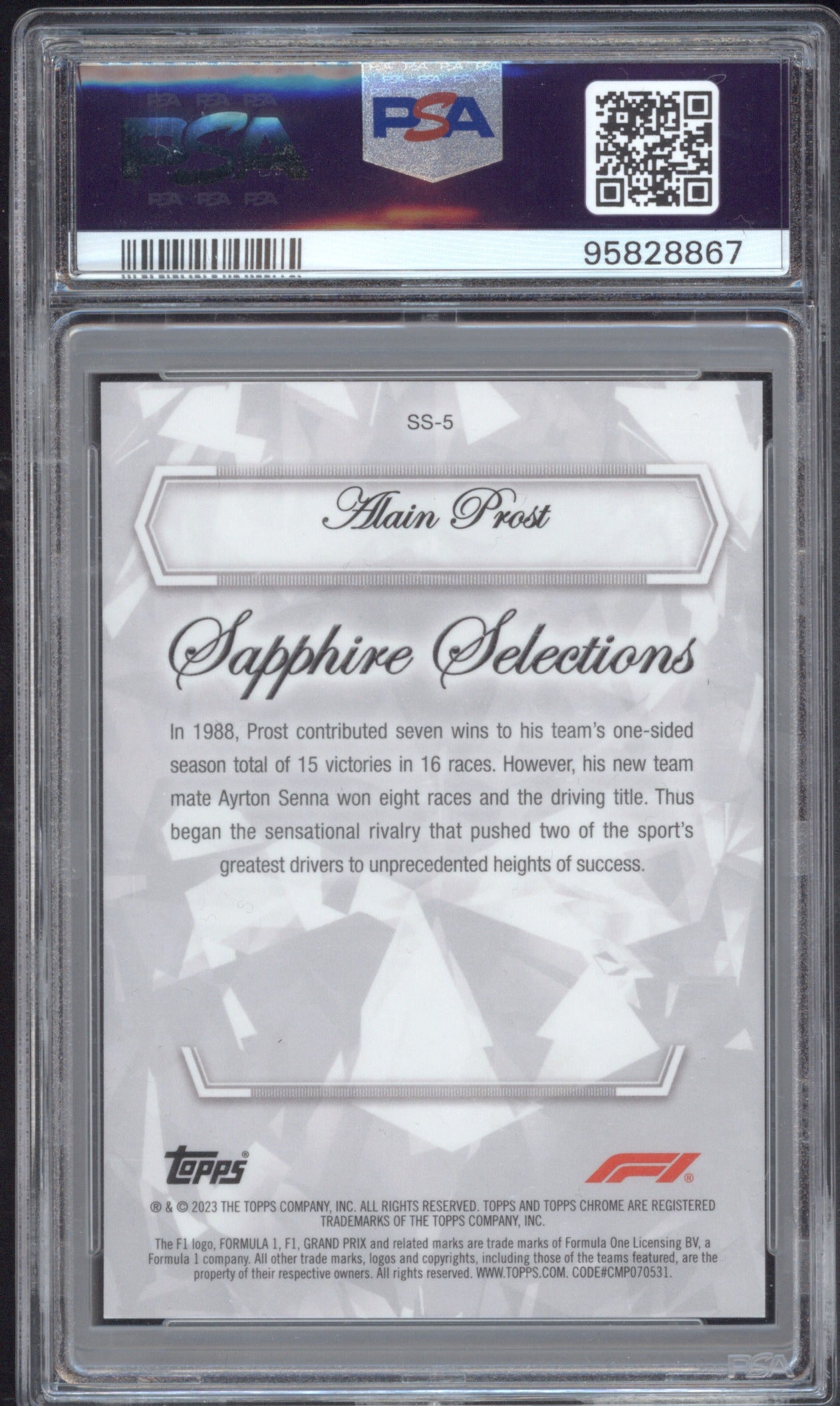 Alain Prost 2023 Topps Chrome Sapphire Formula 1 Selections Orange /25 PSA 10