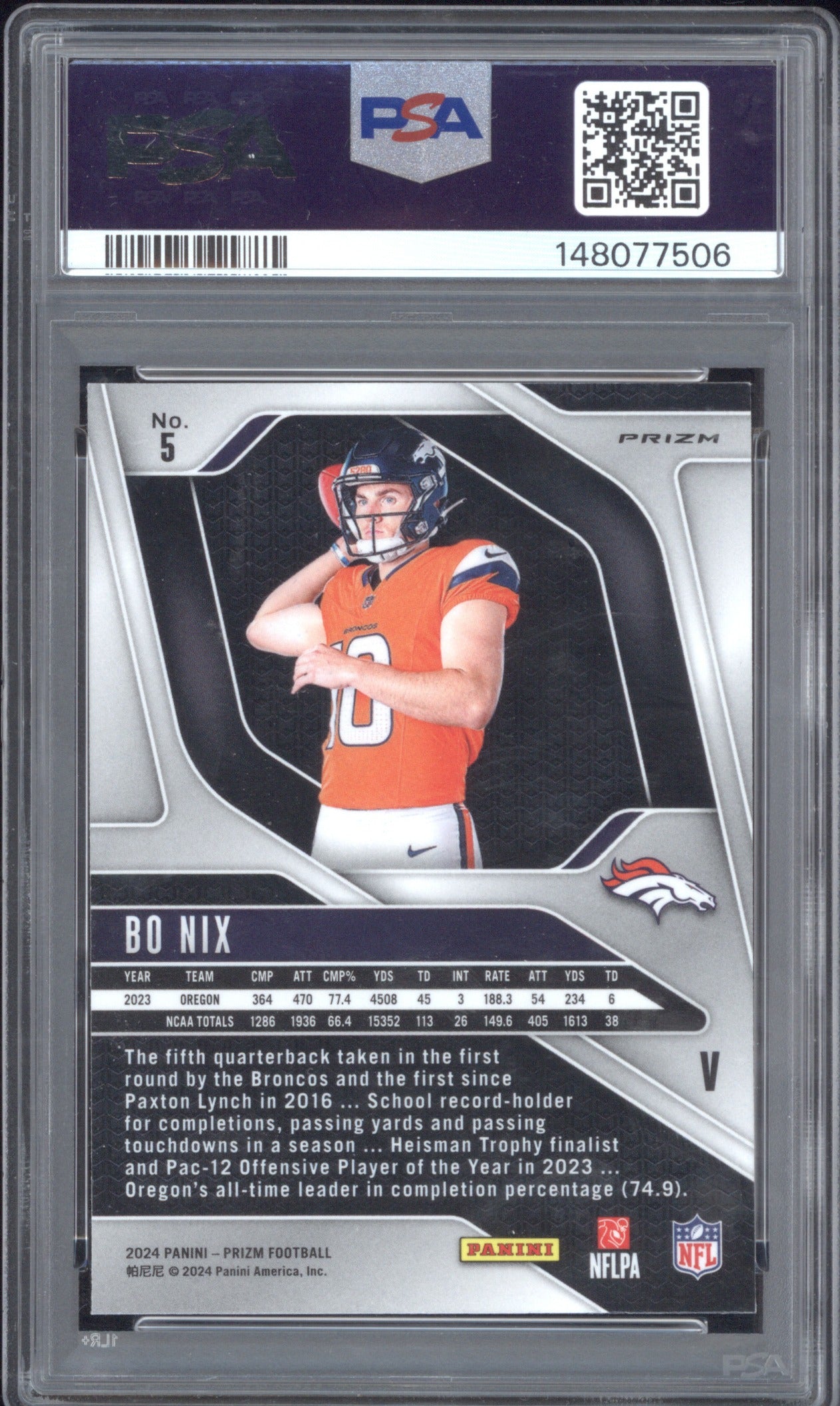 Bo Nix 2024 Panini Prizm 5 Rookie Variation PSA 9