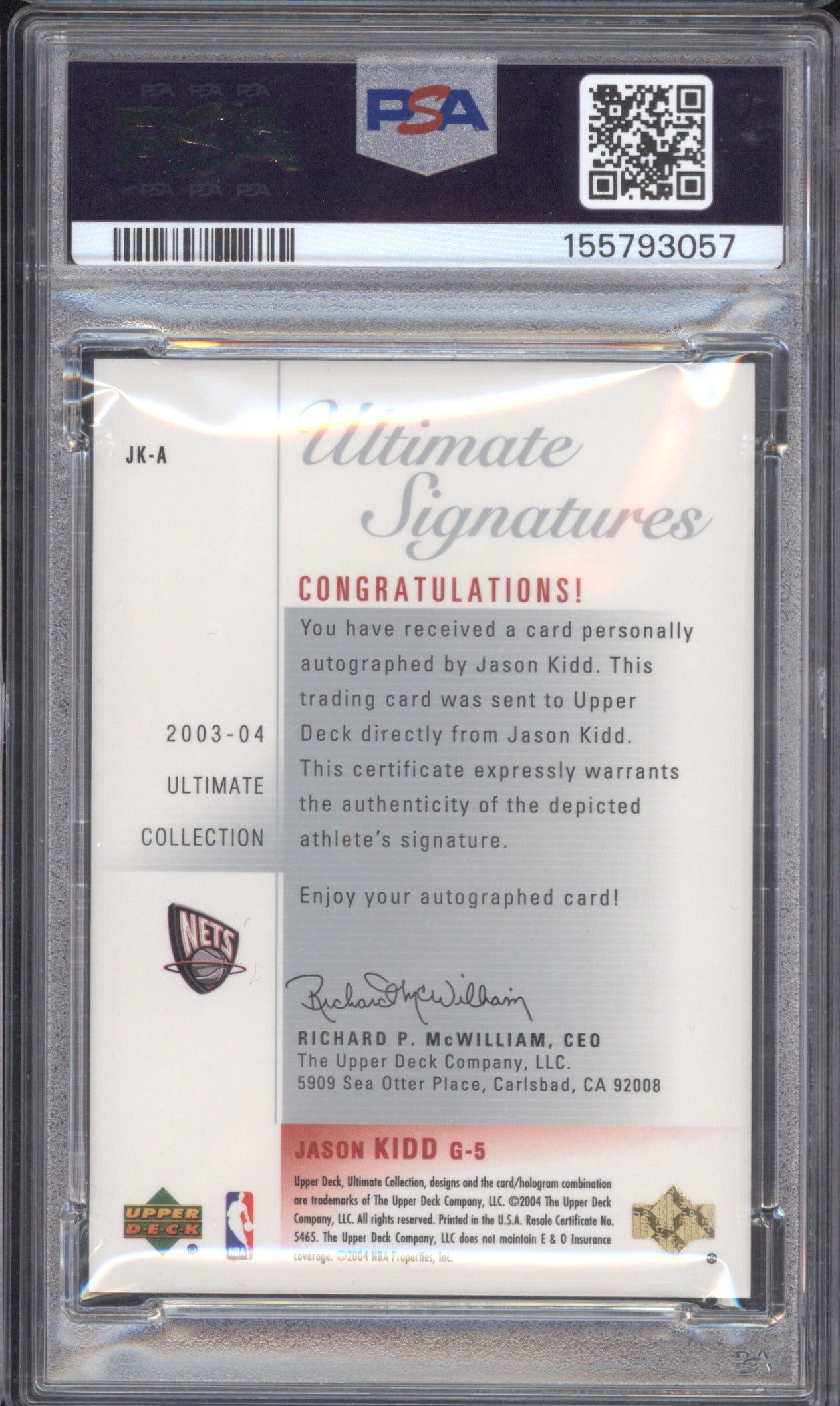 Jason Kidd 2003 Upper Deck Ultimate Collection JK-A Ultimate Signatures PSA 9