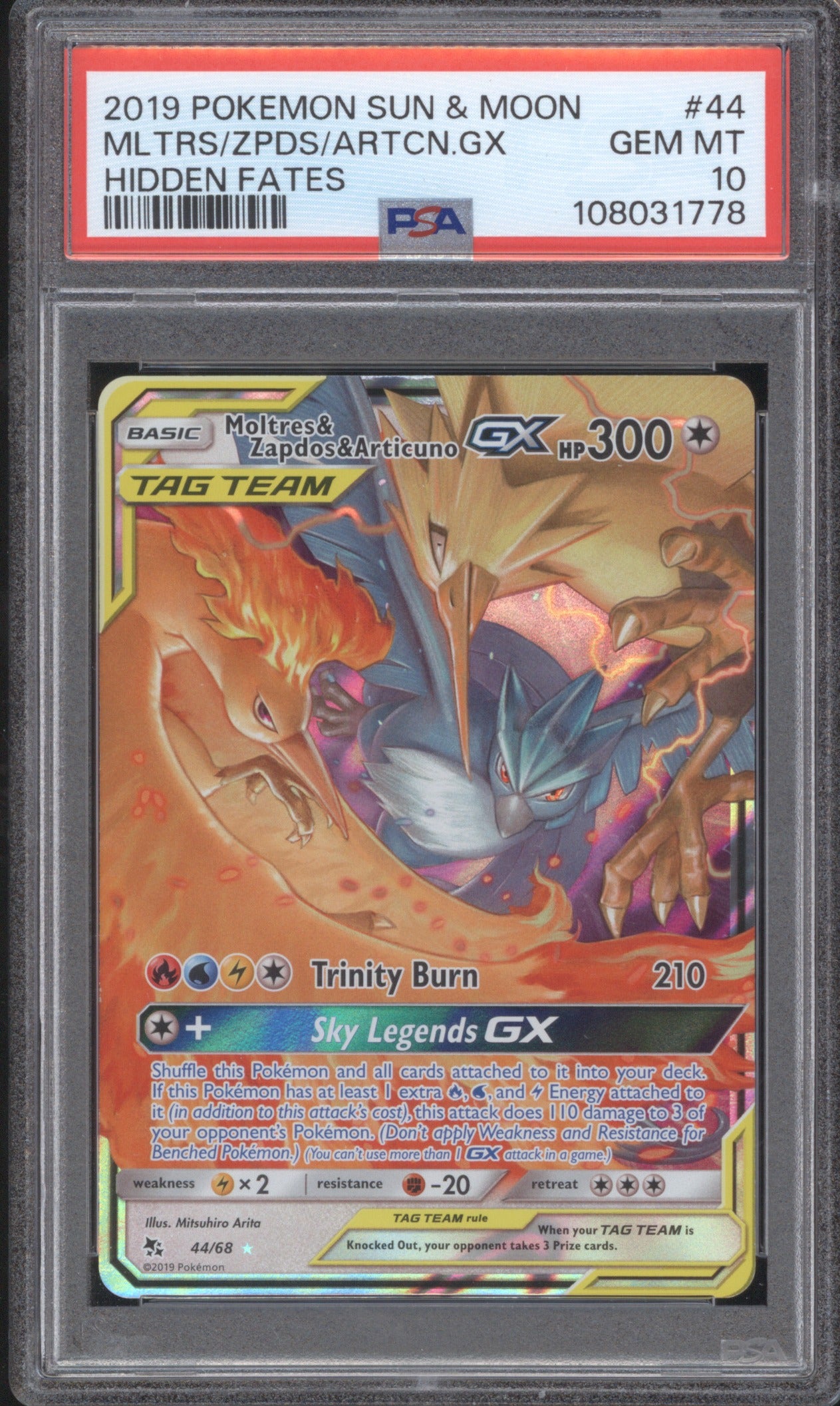 Moltres & Zapdos & Articuno GX 2019 Pokémon Hidden Fates 44/68 PSA 10 Holo