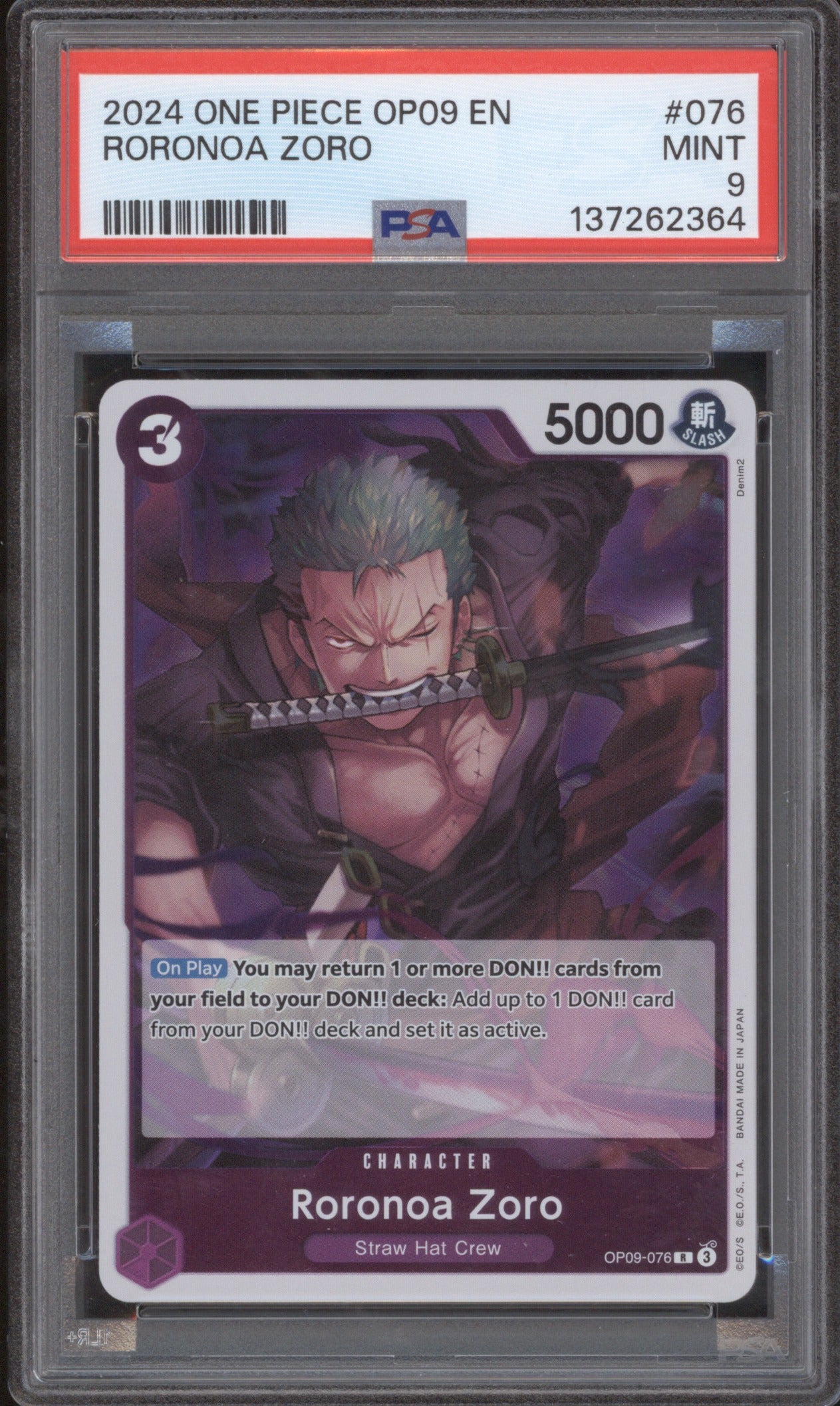Roronoa Zoro 2024 Bandai Emperors in the New World OP09-076 PSA 9