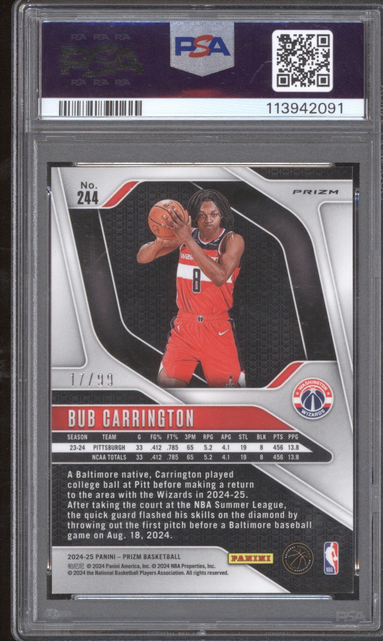 2024 Panini Prizm Bub Carrington 244 Blue Pulsar RC 17/99 PSA 9