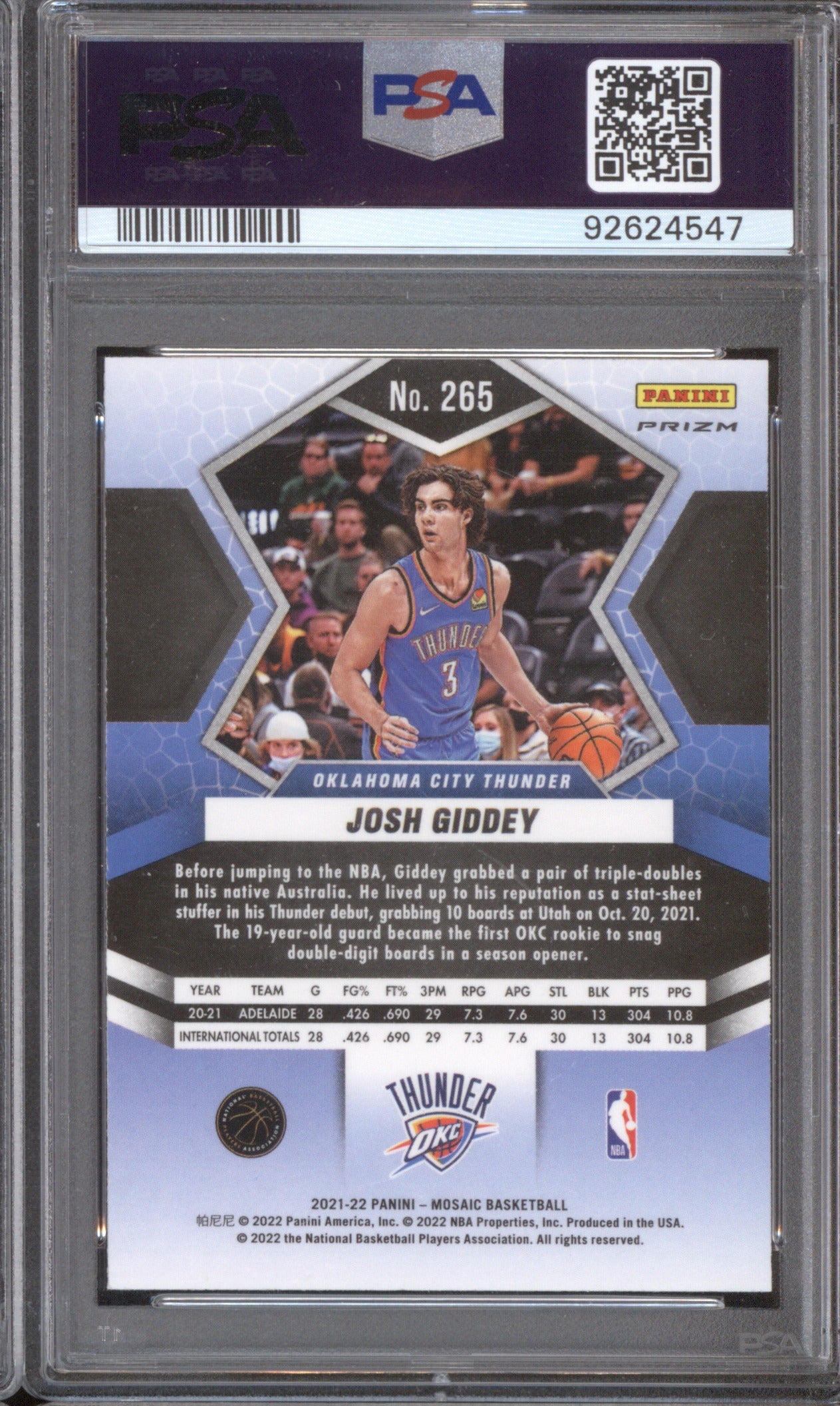2021 Panini Mosaic Josh Giddey 265 Red Mosaic RC GEM 10