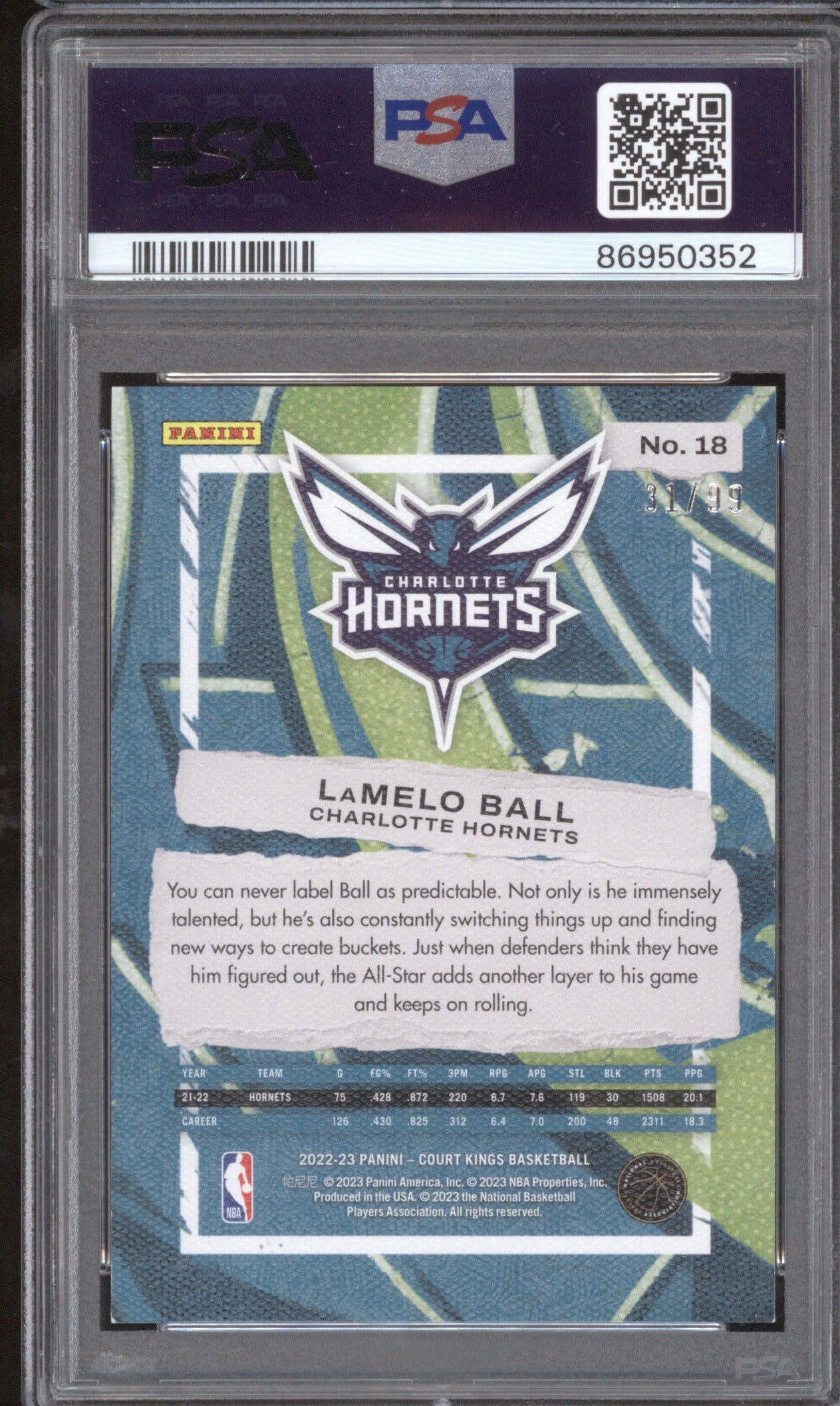 2022 Panini Court Kings LaMelo Ball #18 Amethyst 31/99 PSA 8