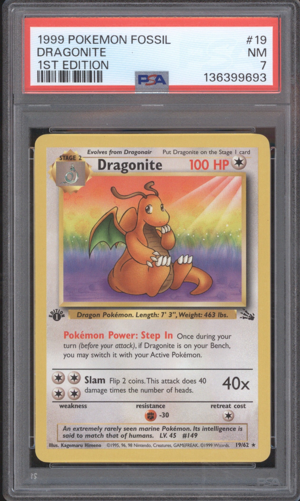 DRAGONITE 1999 POKEMON FOSSIL #19 PSA 7 1ST EDITION