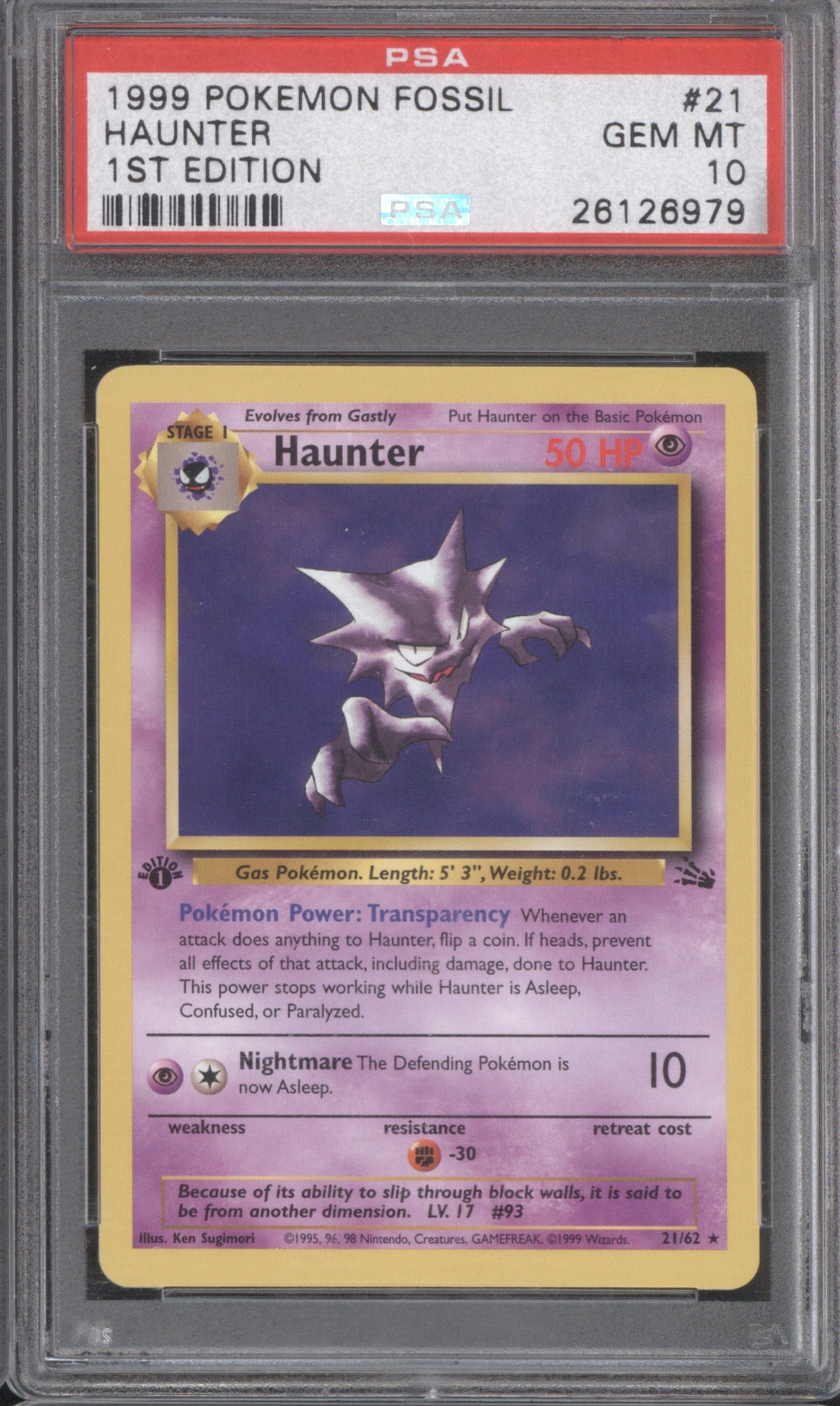 HAUNTER 1999 POKEMON FOSSIL #21 PSA 10 1ST EDITION