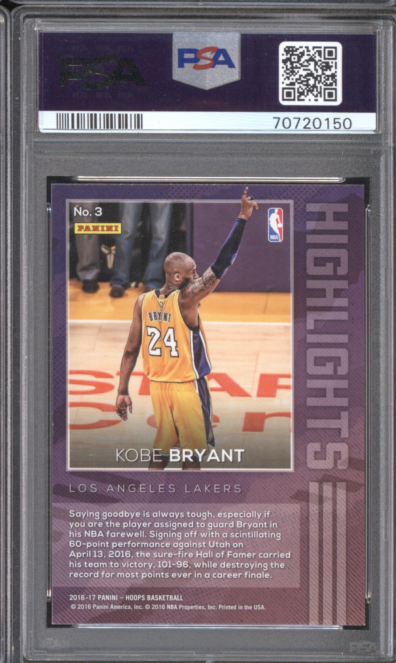 Kobe Bryant 2016/17 Panini Hoops 3 Highlights PSA 8