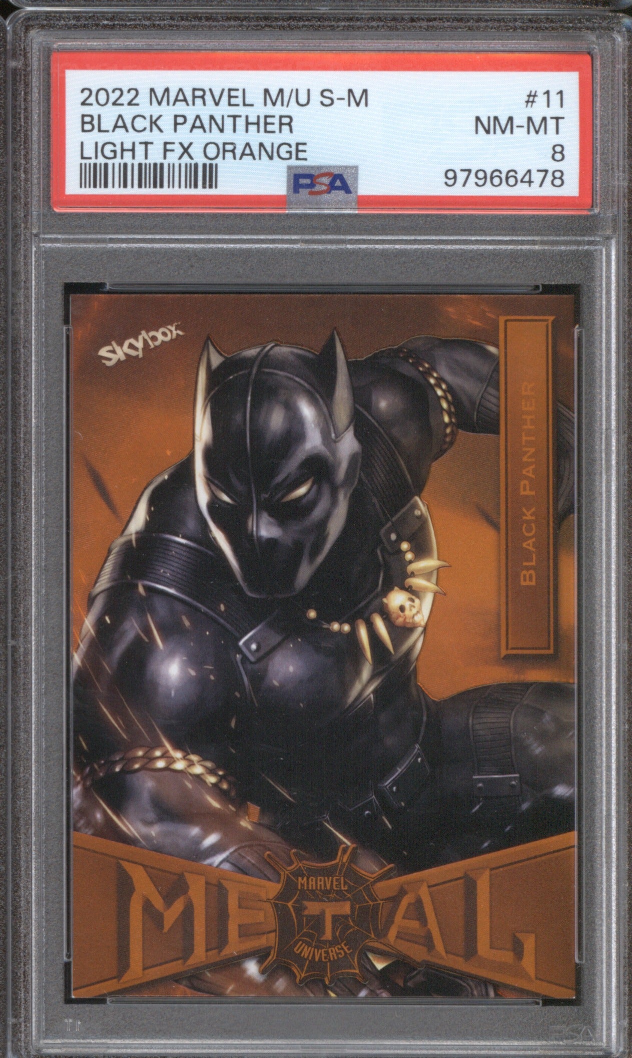 2022 SKYBOX MARVEL METAL UNIVERSE SPIDER-MAN BLACK PANTHER 11 ORANGE /25 PSA 8
