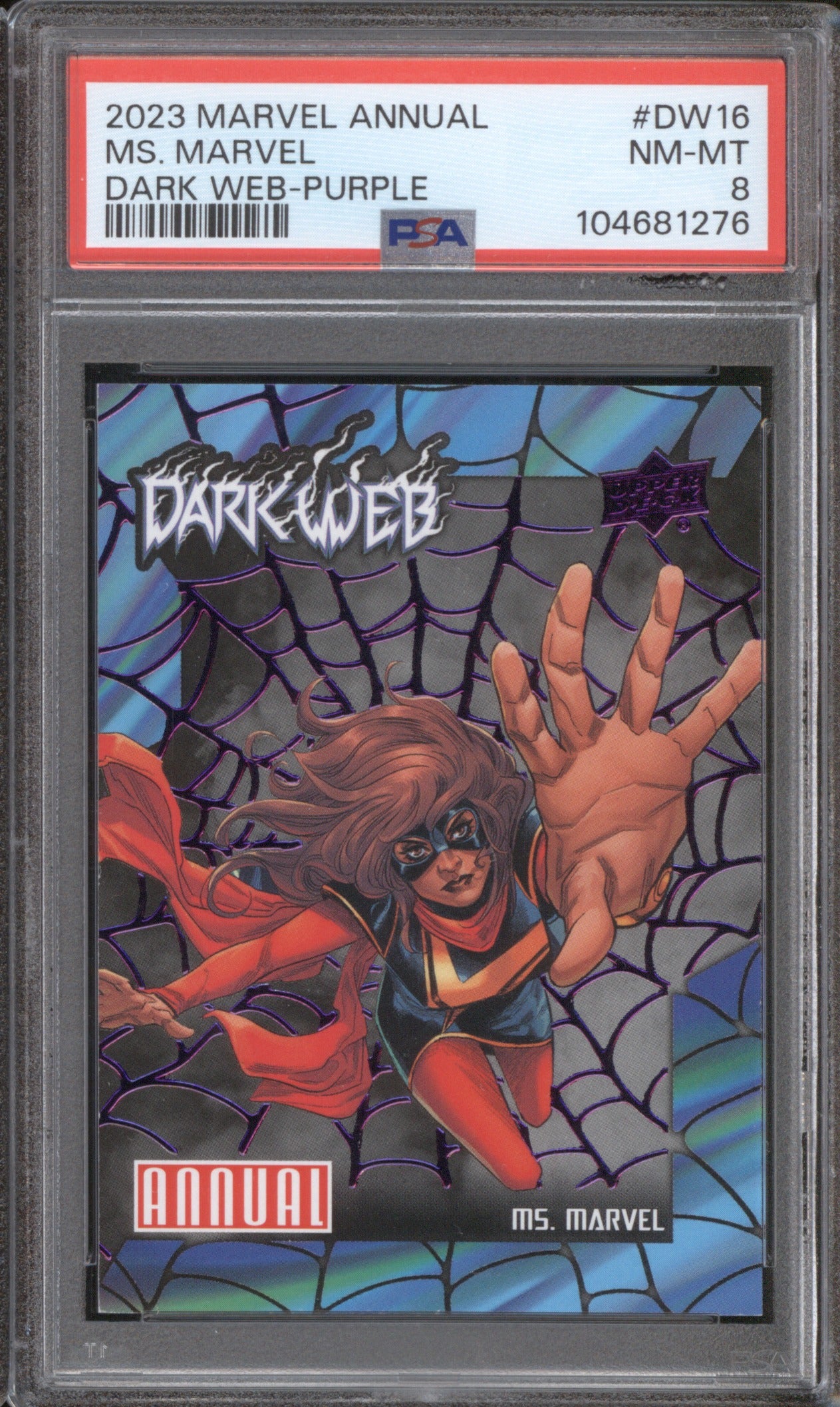 2023 Upper Deck Marvel Annual DW16 Ms Marvel Dark Web Purple 40/99 PSA 8