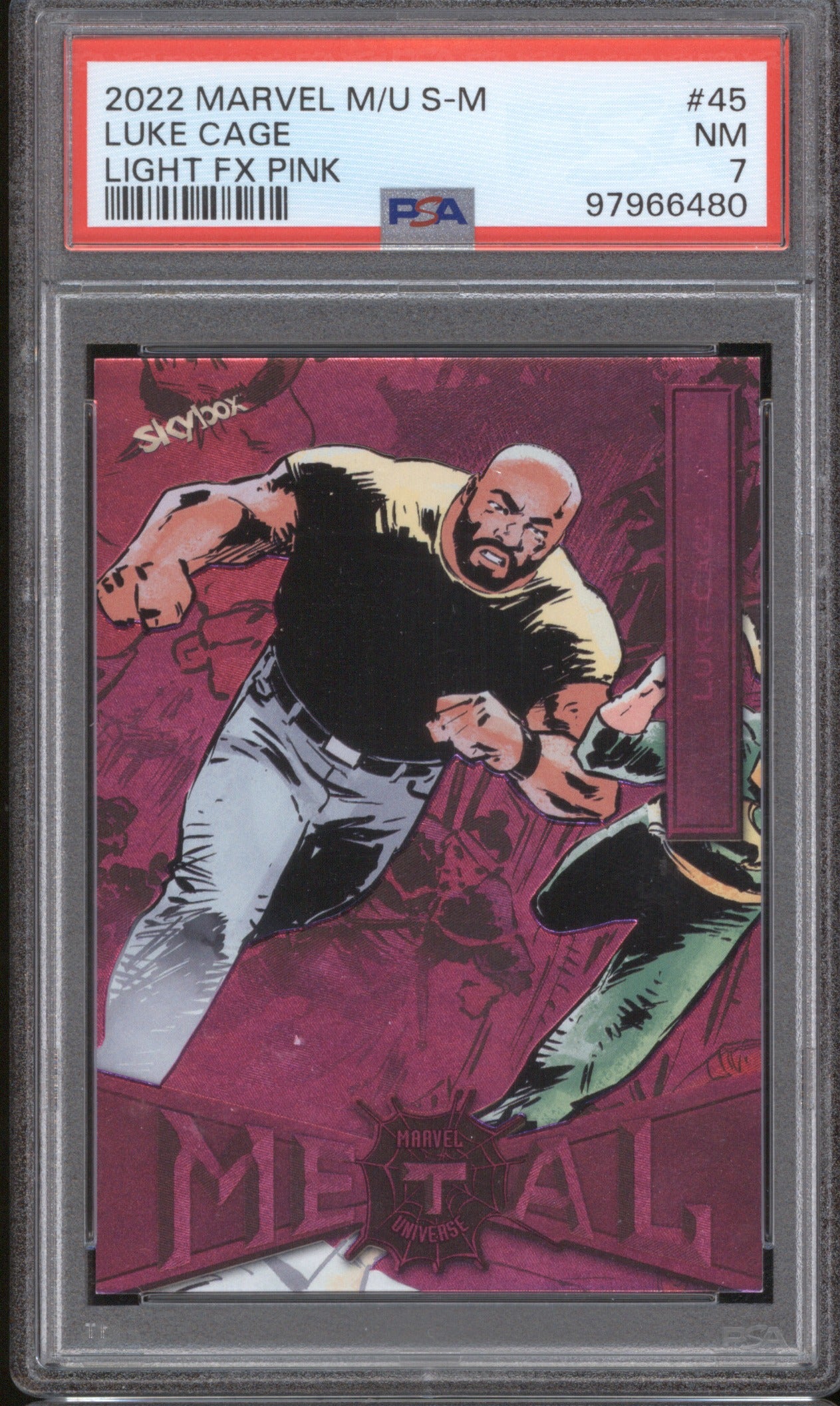 2022 Skybox Marvel Metal Universe Spider-Man Luke Cage Light FX Pink /75 PSA 7