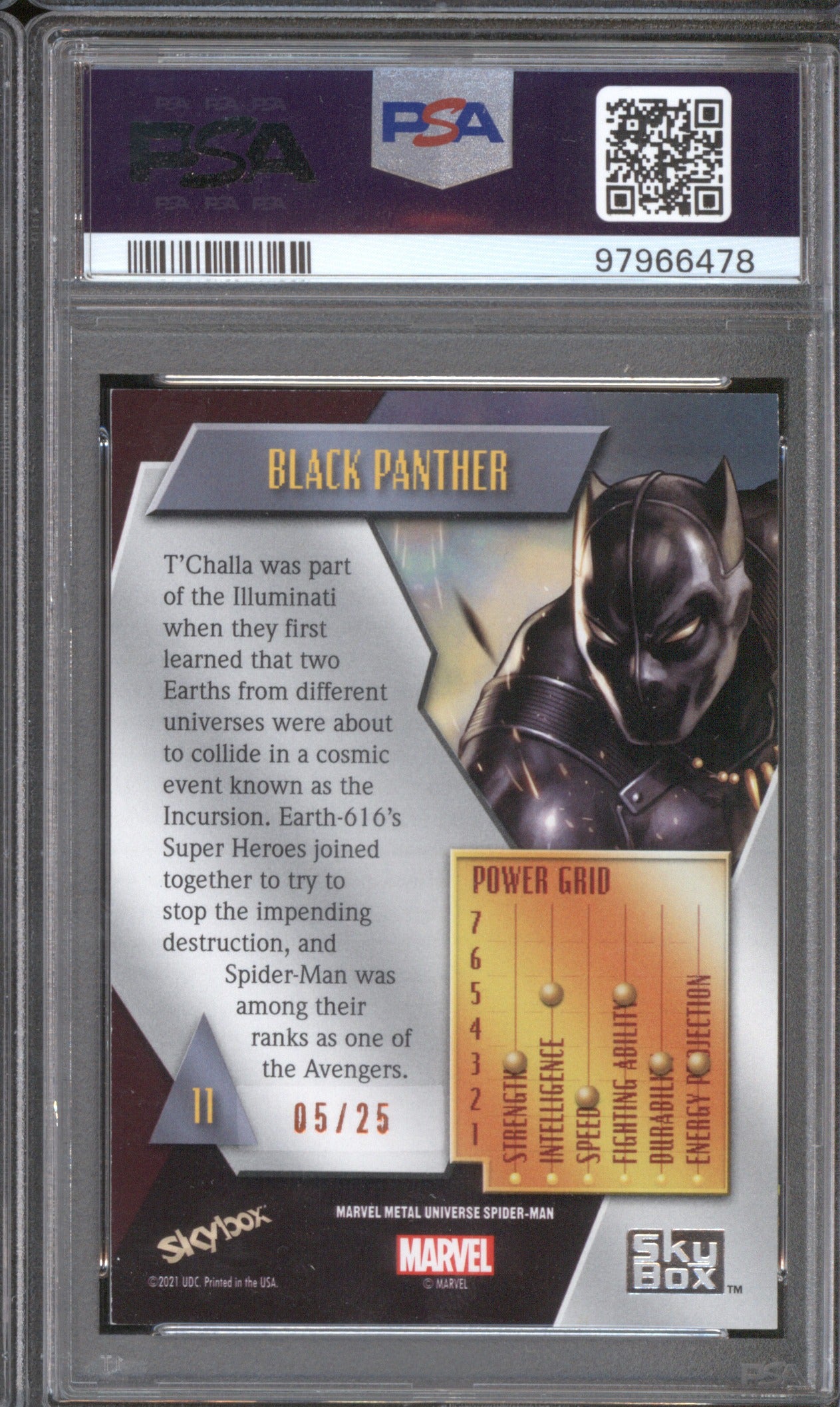 2022 SKYBOX MARVEL METAL UNIVERSE SPIDER-MAN BLACK PANTHER 11 ORANGE /25 PSA 8