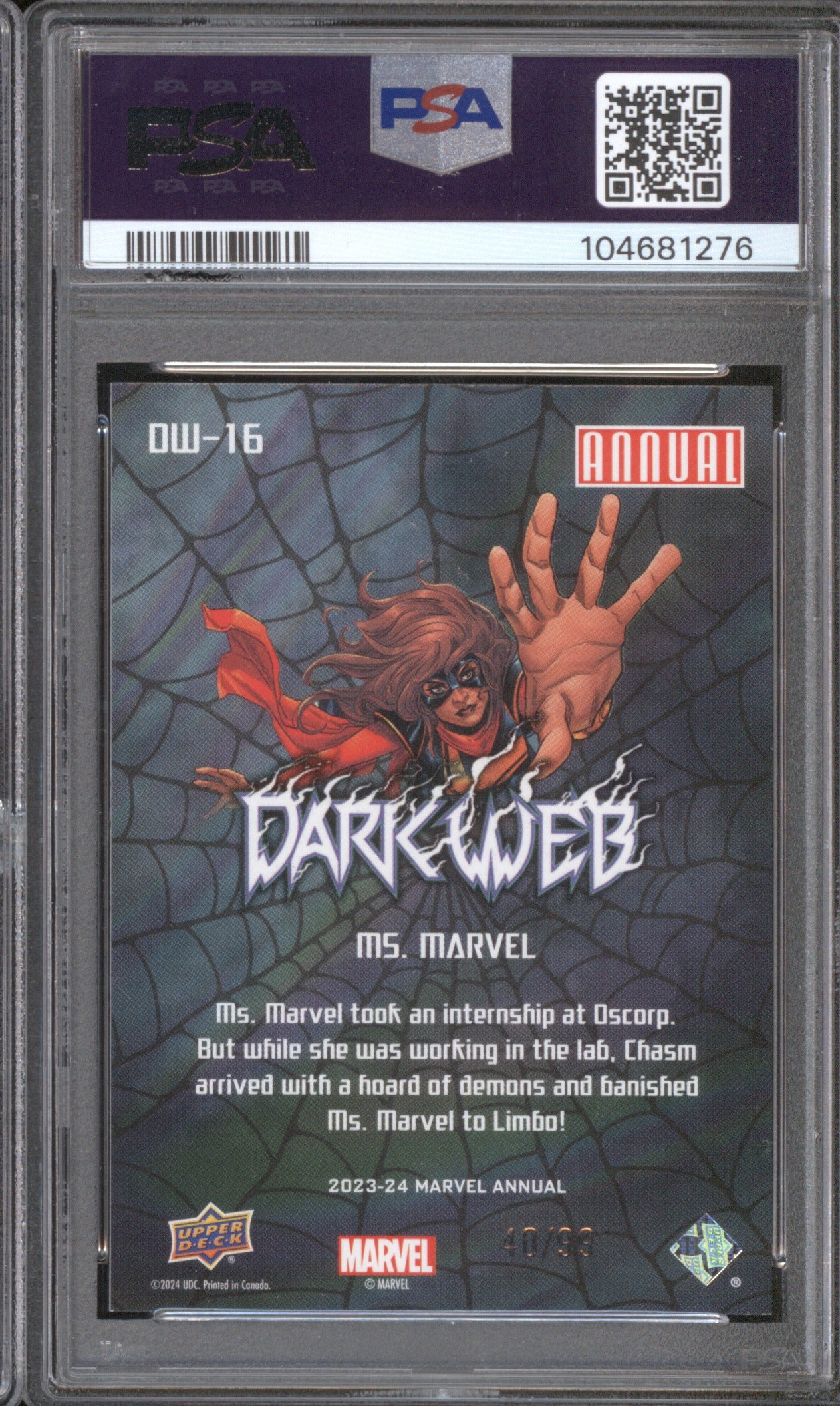 2023 Upper Deck Marvel Annual DW16 Ms Marvel Dark Web Purple 40/99 PSA 8