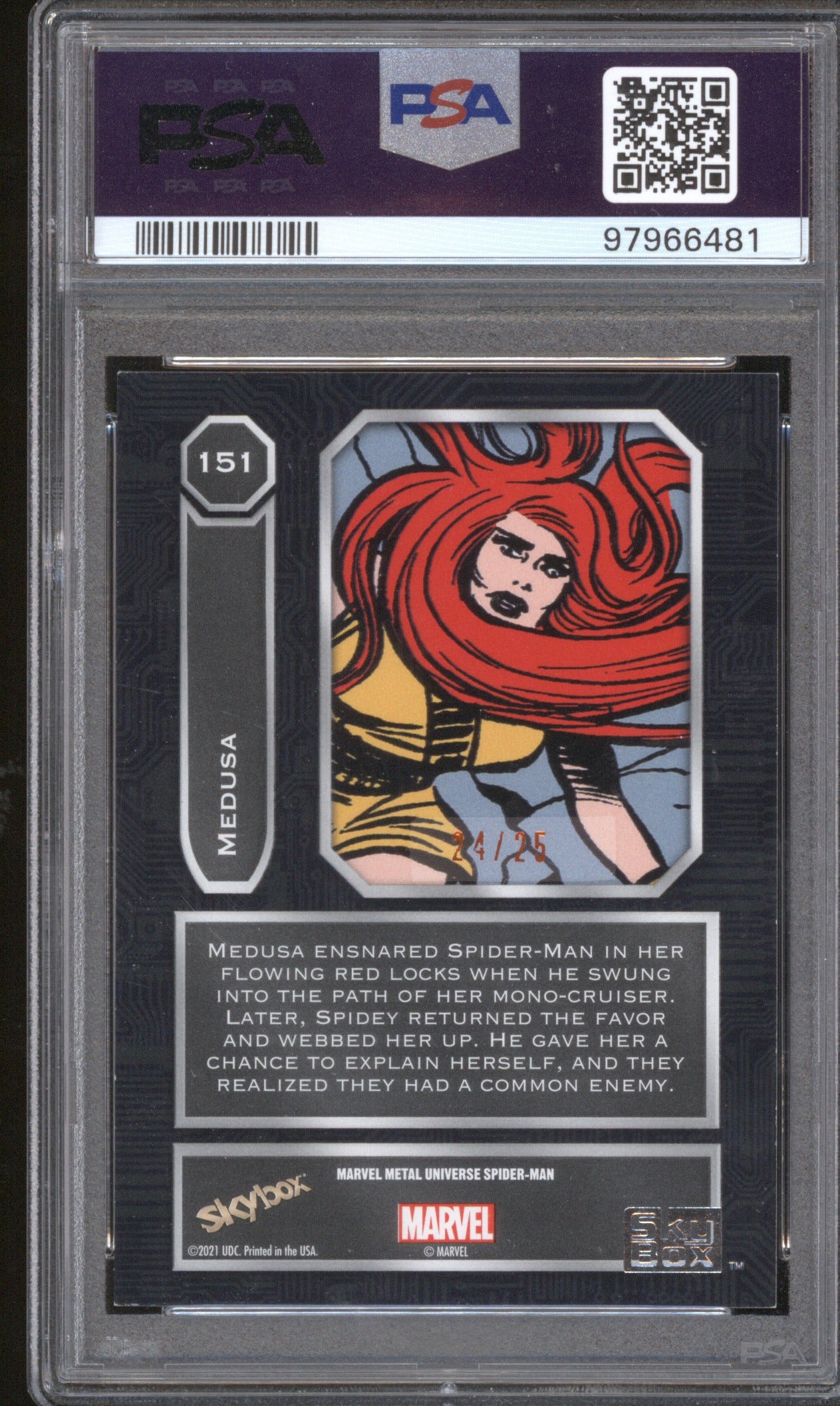 2022 SKYBOX MARVEL METAL UNIVERSE SPIDER-MAN 151 Medusa Light Orange /25 PSA 6