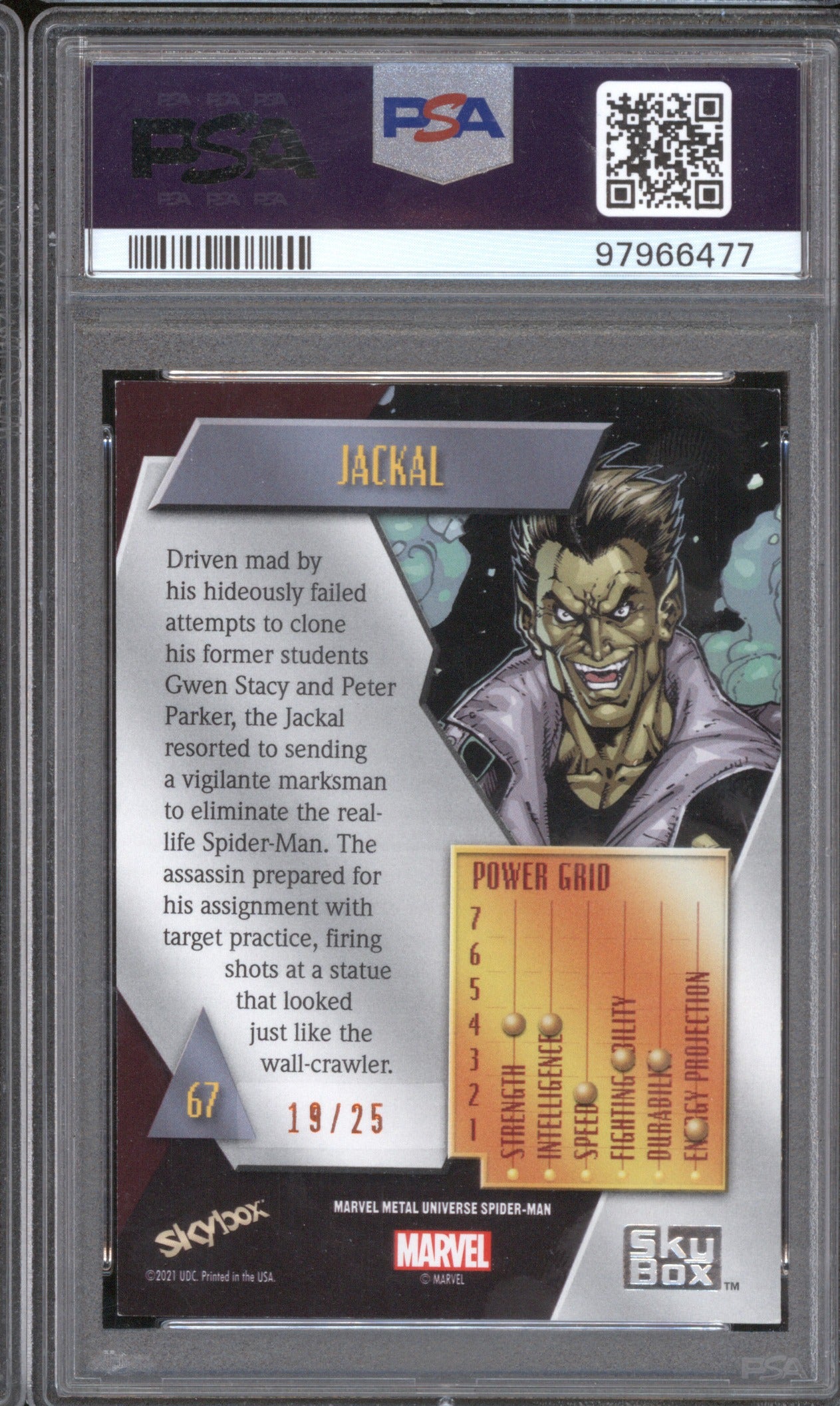 2022 Skybox Marvel Metal Universe Spider-Man 67 Jackal Light FX Orange /25 PSA 7