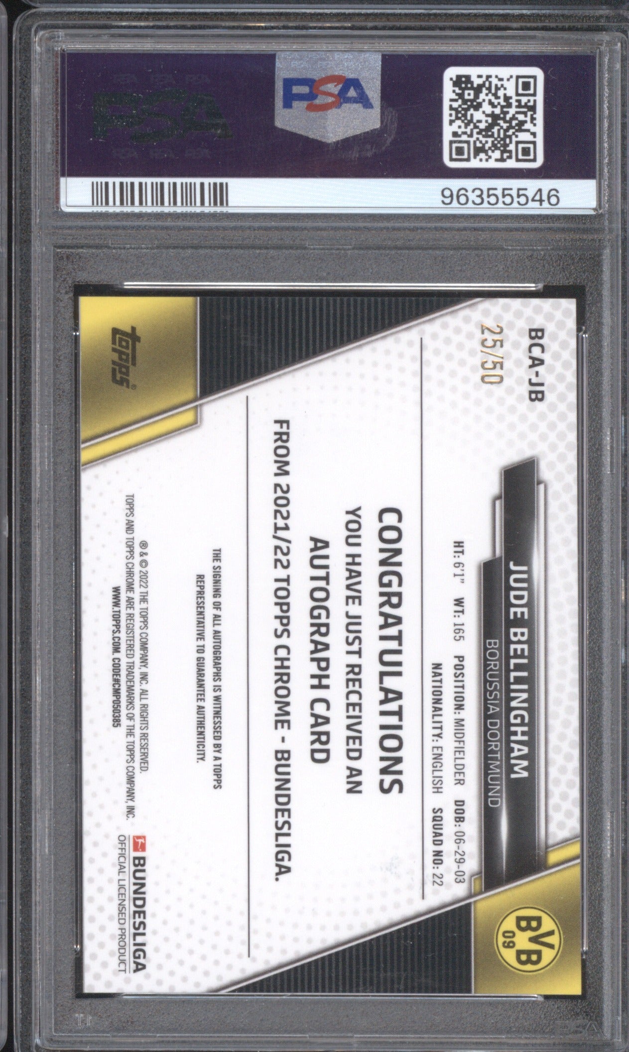 JUDE BELLINGHAM 2021 TOPPS CHROME BUNDESLIGA GOLD AUTO 25/50 PSA 10