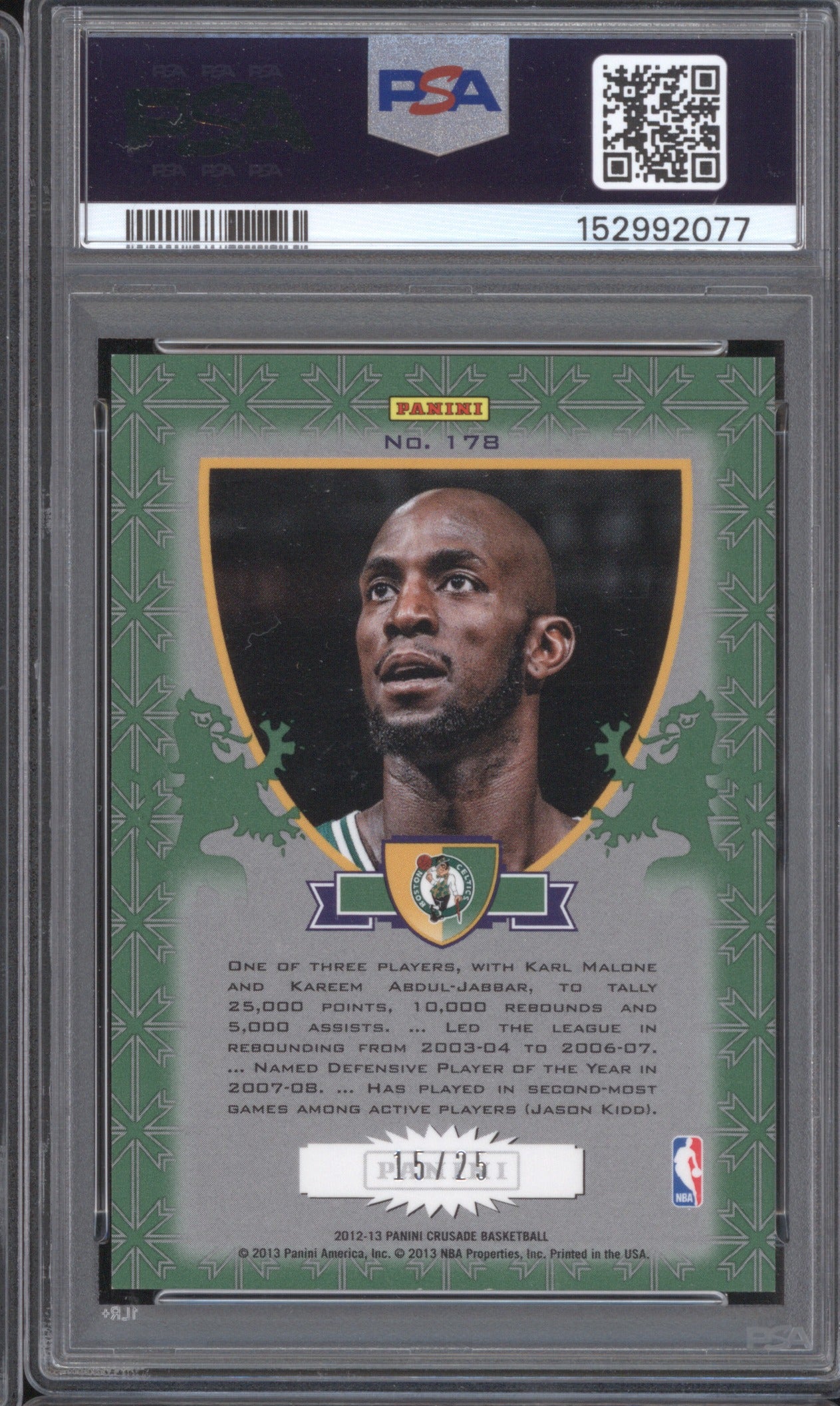 KEVIN GARNETT 2012 PANINI CRUSADE PRIZM-GREEN & GOLD 178 PSA 9 15/25