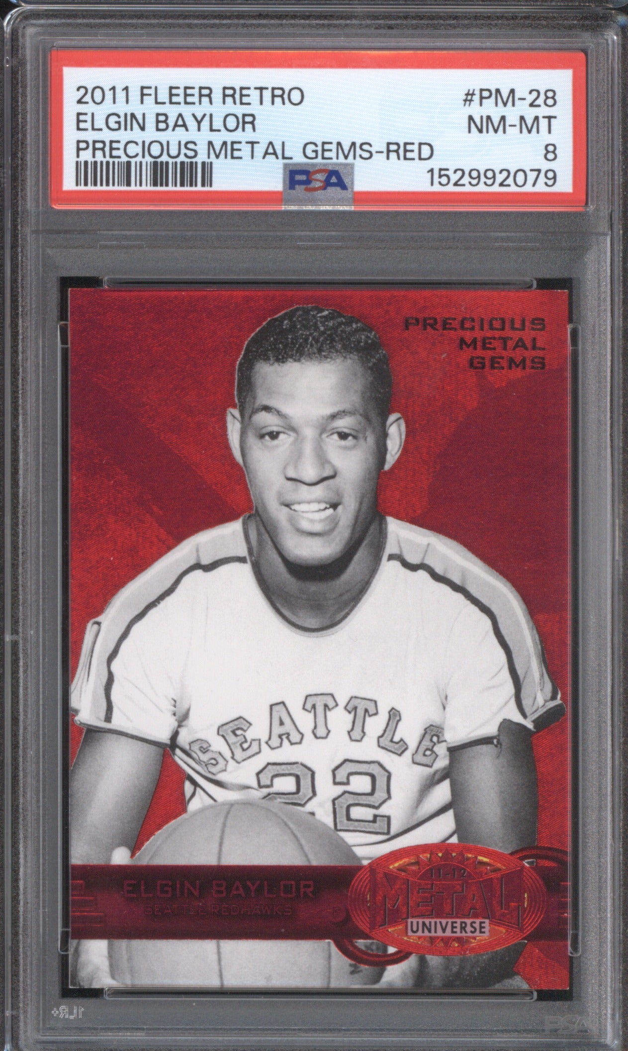 ELGIN BAYLOR 2011 FLEER RETRO PRECIOUS METAL GEMS RED PSA 8