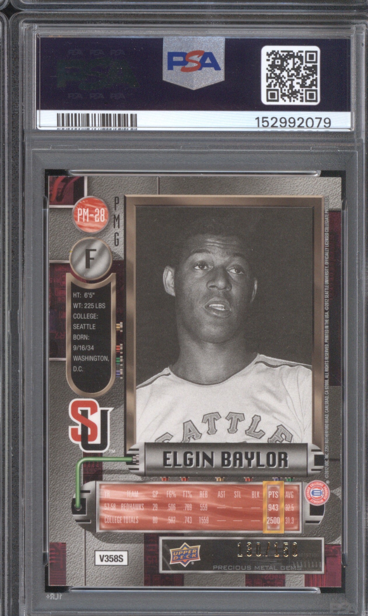ELGIN BAYLOR 2011 FLEER RETRO PRECIOUS METAL GEMS RED PSA 8
