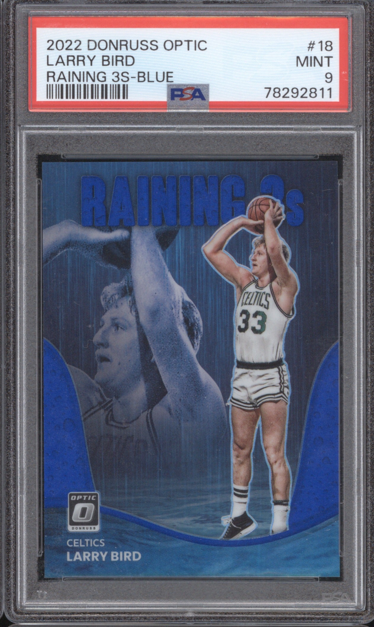 LARRY BIRD 2022 PANINI DONRUSS OPTIC RAINING 3S BLUE #18 PSA 9 39/49