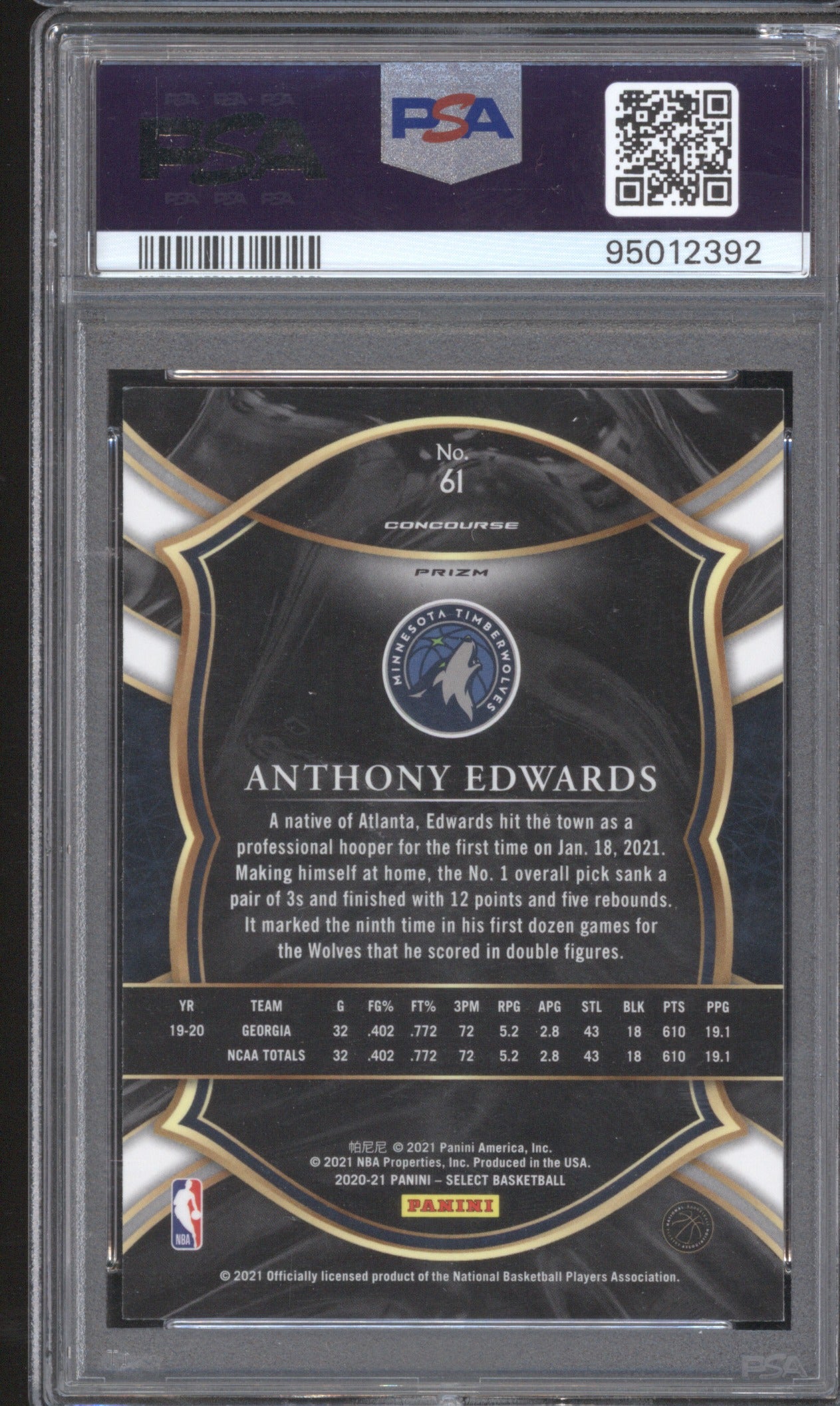 ANTHONY EDWARDS 2020 PANINI SELECT #61 PSA 10 BLUE WHTITE PURPLE CRKD ICE