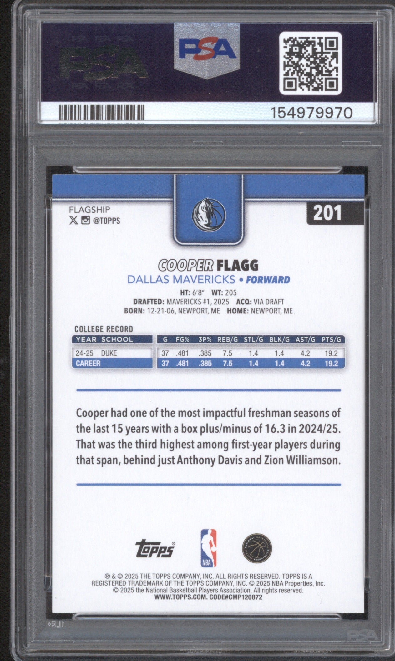 COOPER FLAGG 2025 TOPPS #201 PSA 9