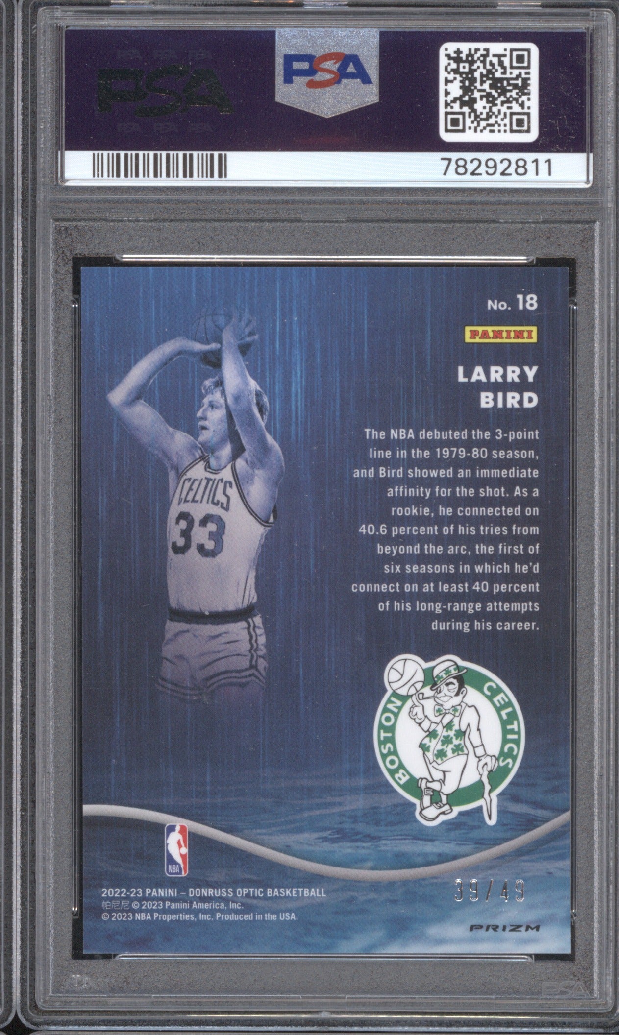 LARRY BIRD 2022 PANINI DONRUSS OPTIC RAINING 3S BLUE #18 PSA 9 39/49