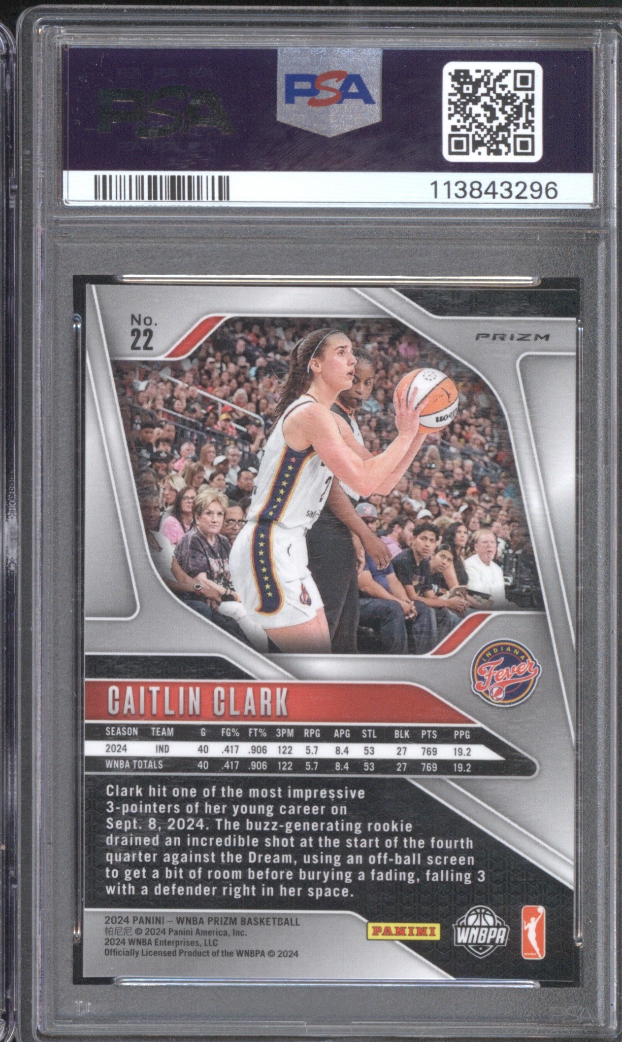 CAITLIN CLARK 2024 PANINI PRIZM WNBA RC #22 PSA 9 SILVER PRIZM