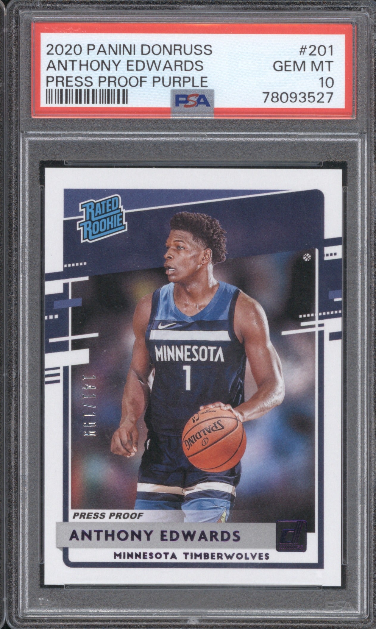 Anthony Edwards 2020 Panini Donruss 201 Press Proof Purple 141/199 PSA 10