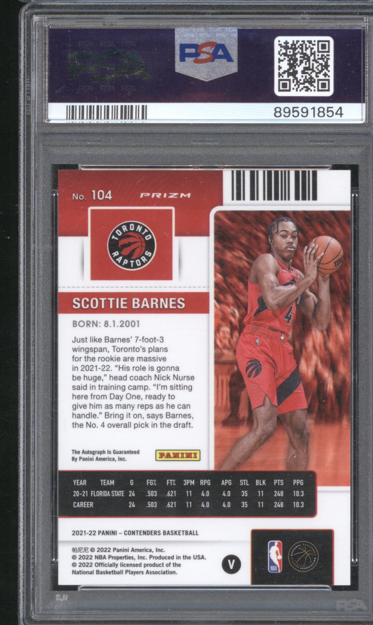 Scottie Barnes 2021 Panini Contenders 104 Green Shimmer Auto Variation PSA 10