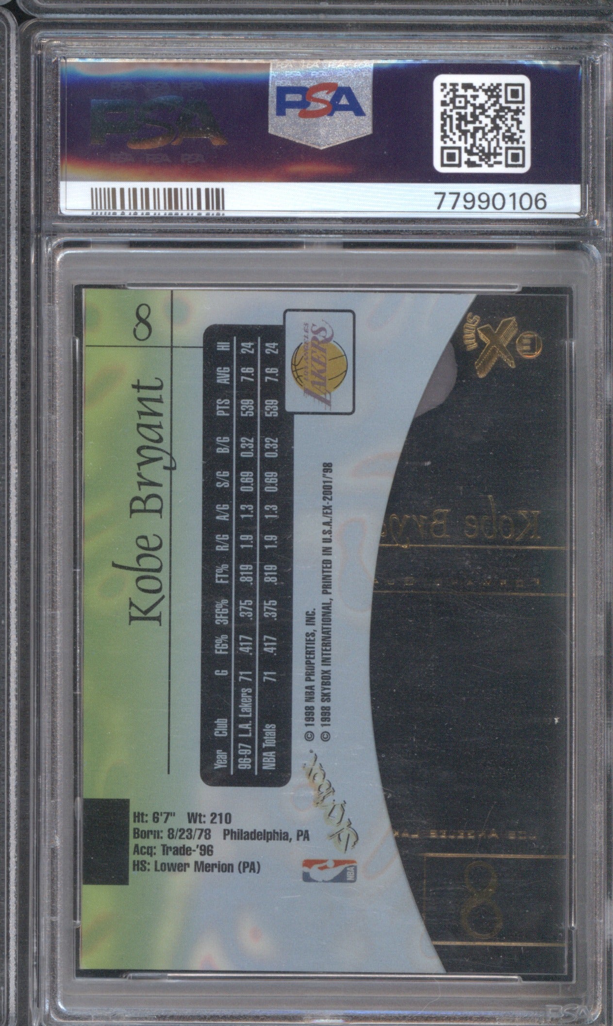 KOBE BRYANT 1997 SKYBOX E-X2001 8 PSA 9