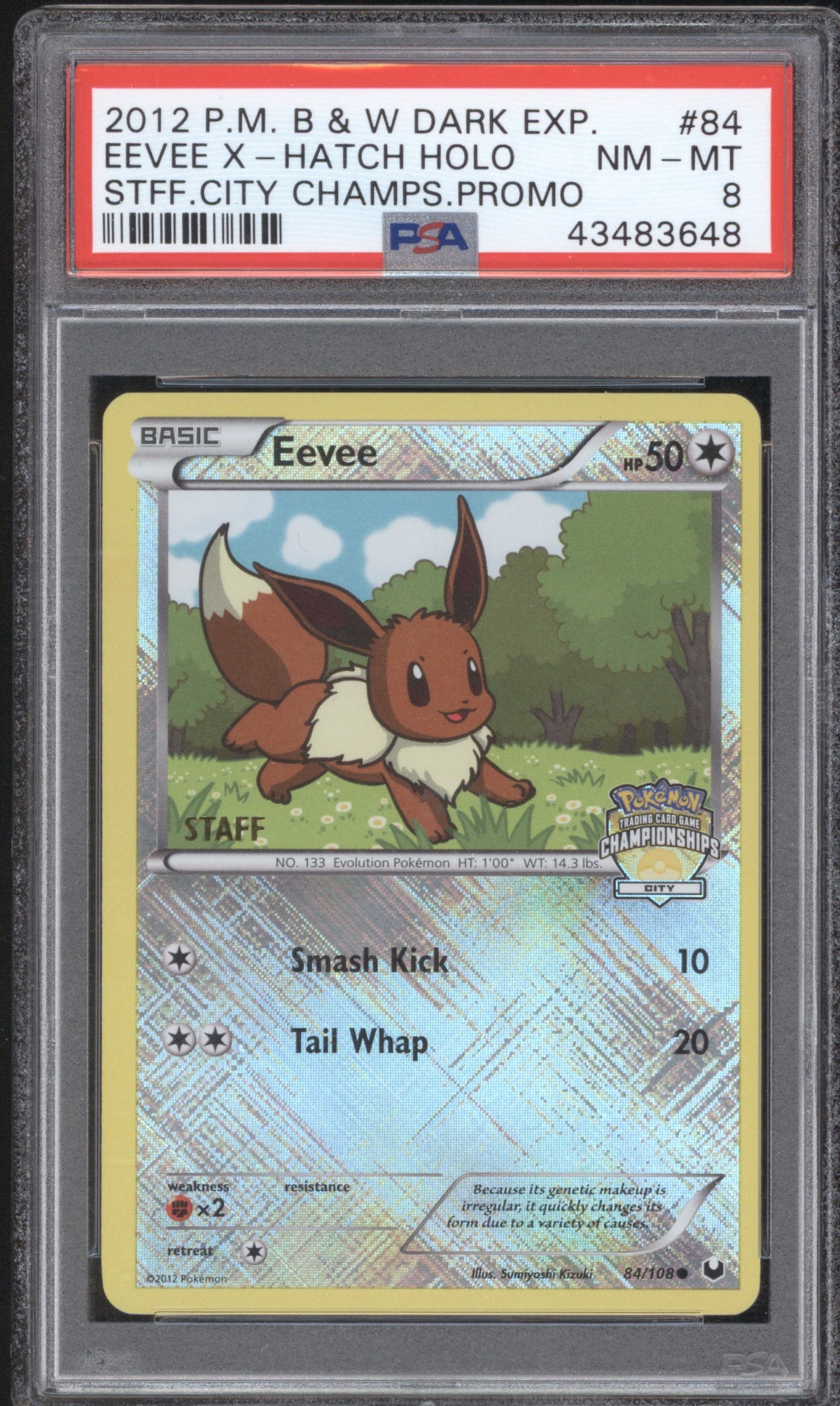 EEVEE-HOLO 2012 POKEMON BLACK & WHITE DARK EXPLORERS POKEMON 84 PSA 8 STAFF