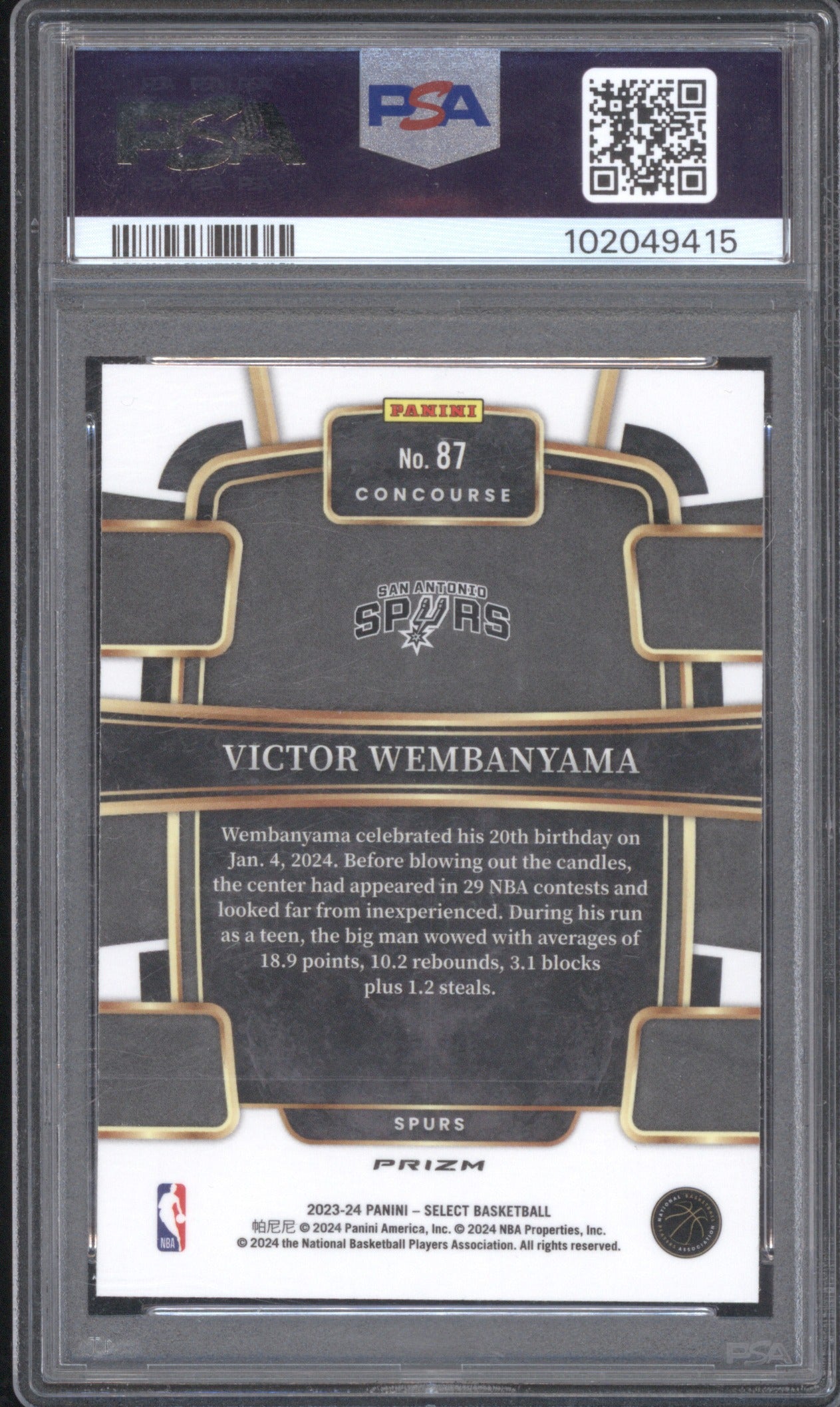 VICTOR WEMBANYAMA 2023 PANINI SELECT 87 PSA 10 SILVER PRIZM