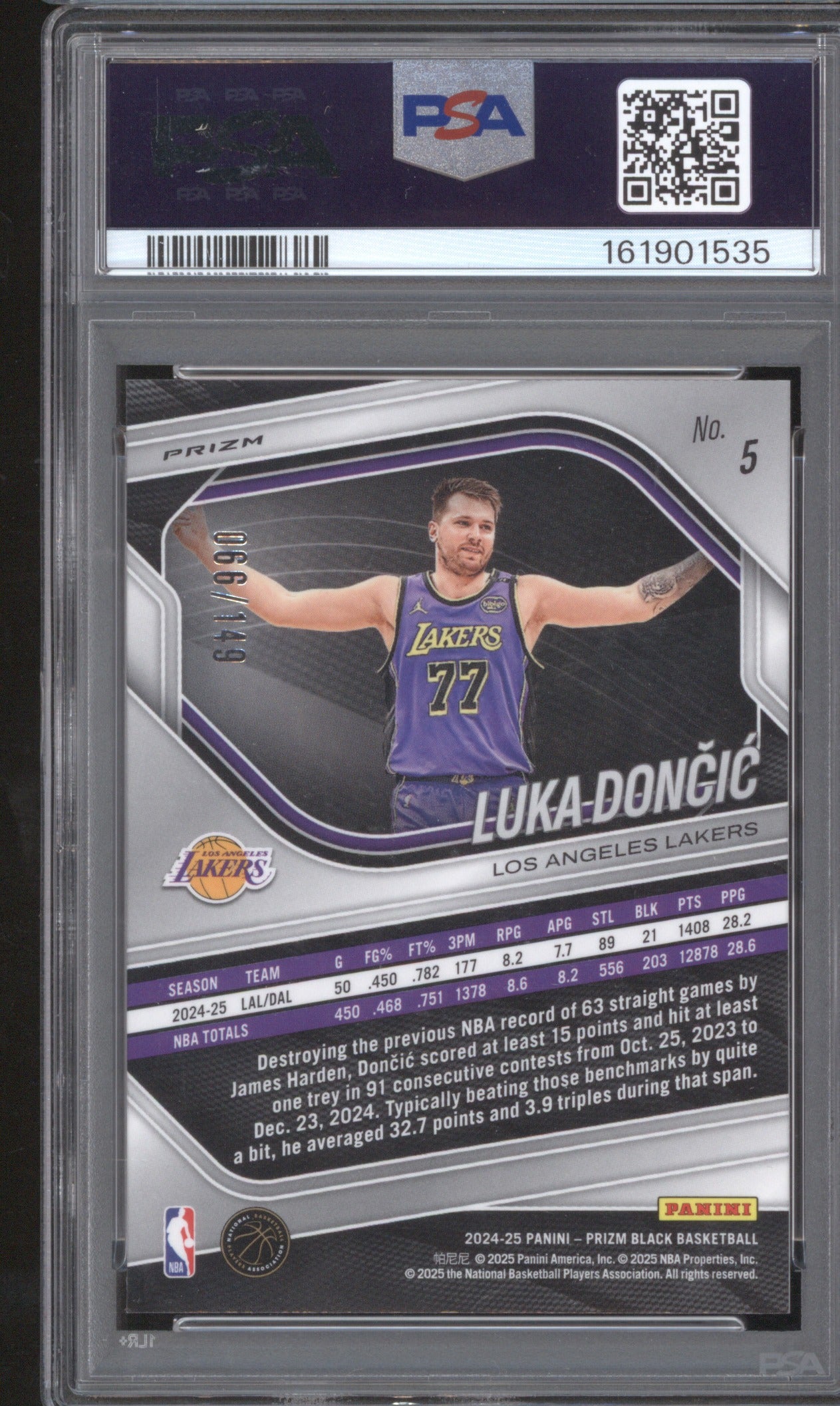 2024 PANINI PRIZM BLACK LUKA DONCIC 5 PURPLE ICE PSA 10