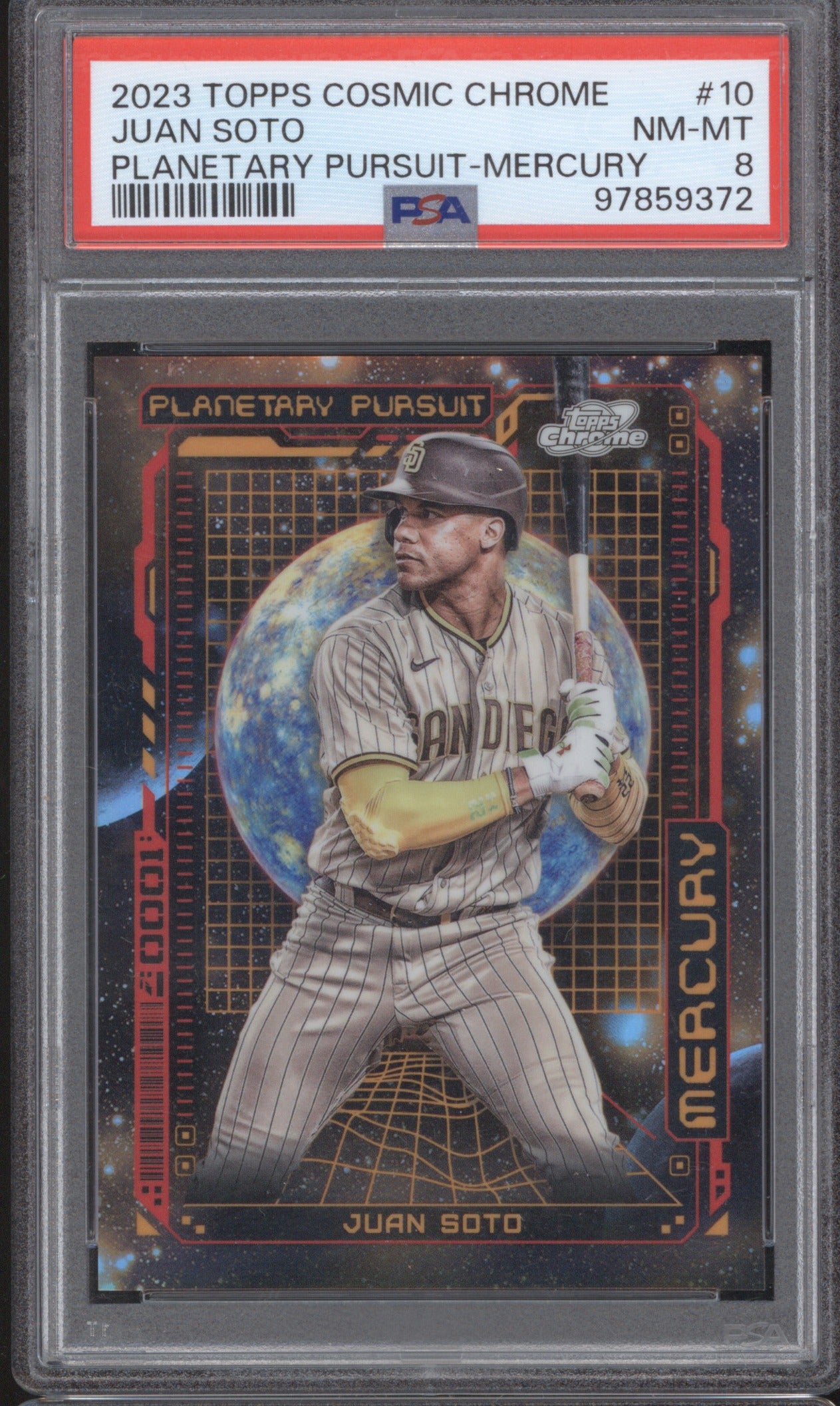 JUAN SOTO 2023 TOPPS COSMIC CHROME PLANETARY PURSUIT #10 MERCURY PSA 8