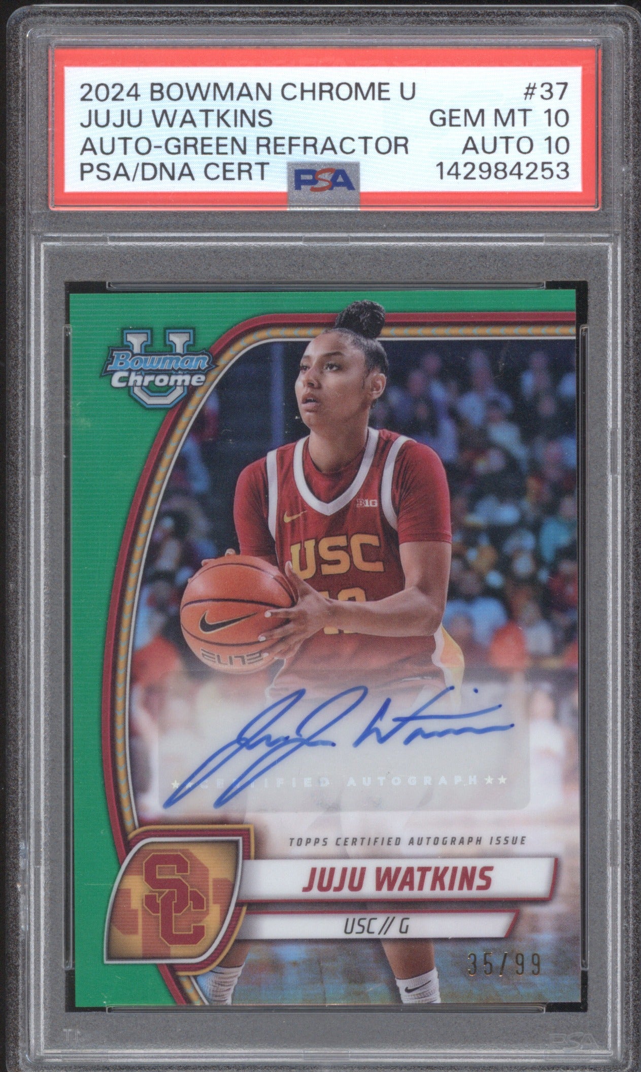 JUJU WATKINS 2024 BOWMAN CHROME UNIVERSITY 37 AUTO GREEN REFRACTOR /99 PSA 10