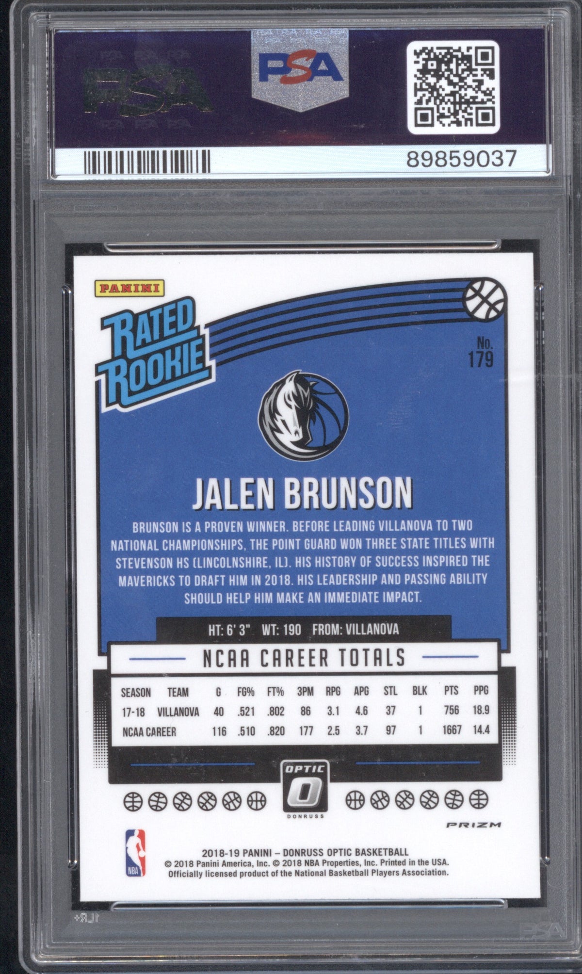 JALEN BRUNSON RATED ROOKIE 2018 PANINI DONRUSS OPTIC #179 SHOCK PSA 10