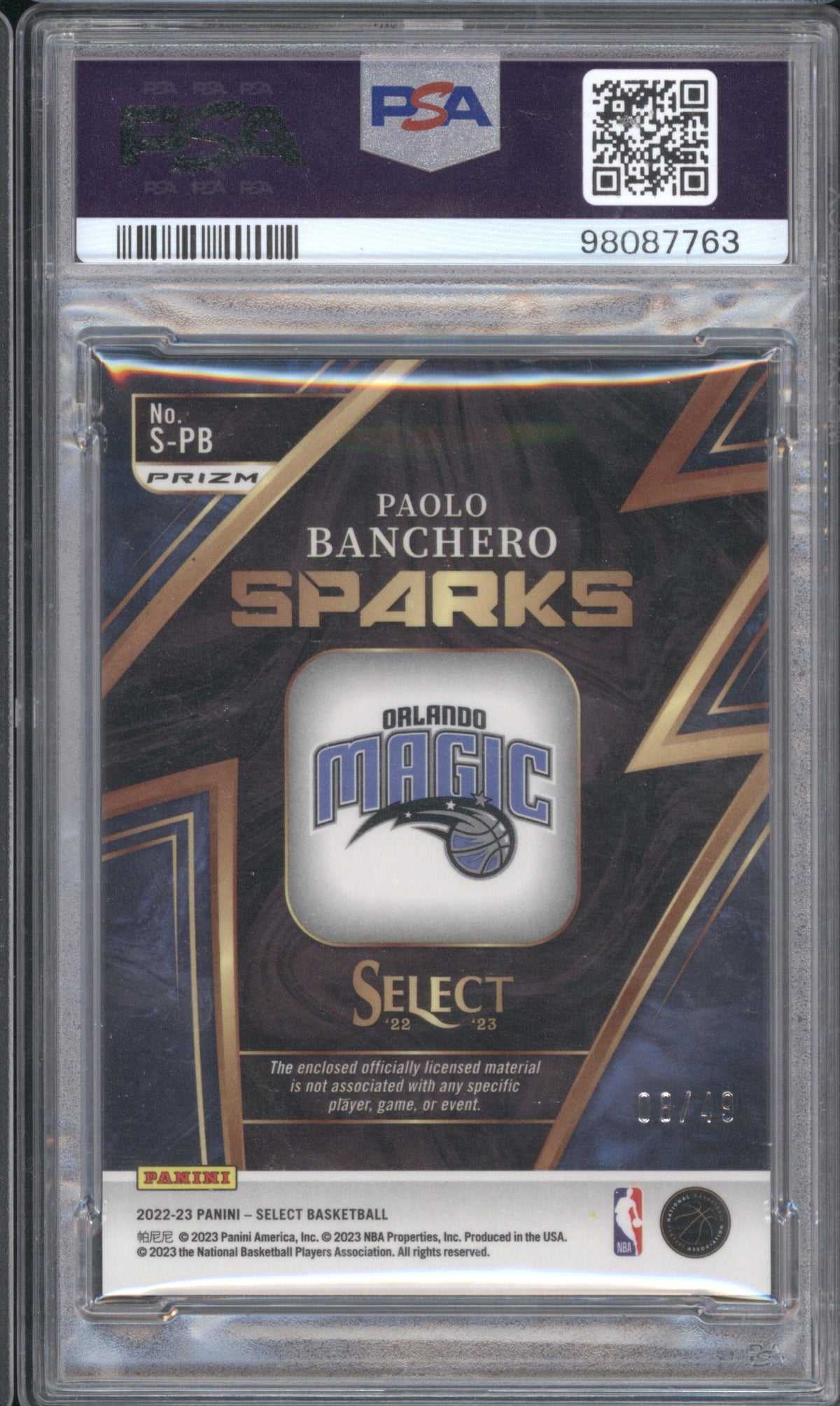 PAOLO BANCHERO 2022 PANINI SELECT SPARKS ROOKIE RELIC COPPER #S-PB PSA 9