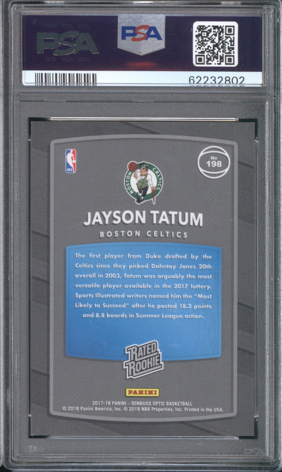 JAYSON TATUM RATED ROOKIE 2017 PANINI DONRUSS OPTIC SHOCK #198 PSA 10